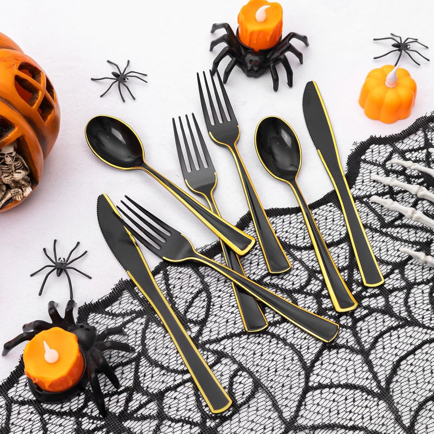 WDF 180 Pieces Black and Gold Plastic Silverware -Halloween Black Plastic Cutlery Incluede 60 Forks 60 Knives 60 Spoons Heavy Duty Disposable Flatware - Gold Utensils for Halloween/Party/Daily Use