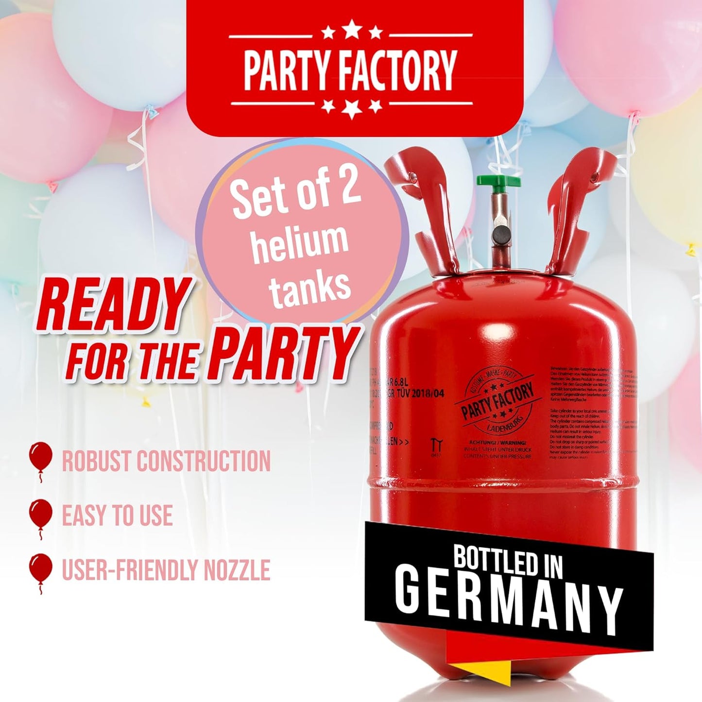 Party Factory set of 2 helium tanks for up to 50 balloons each, 2 helium cylinders with 14.1 cu. ft. gas each for party latex-, foil balloons