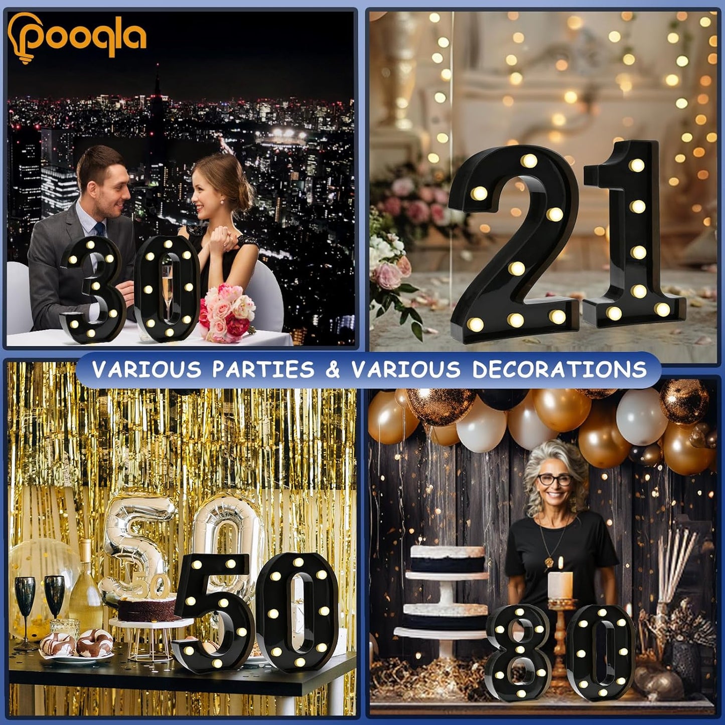 Pooqla Decorative Led Light Up Number Letters, Black Plastic Marquee Number Lights Sign for 2nd 21th Birthday Party Wedding Decor Battery Operated Black Decoration 2