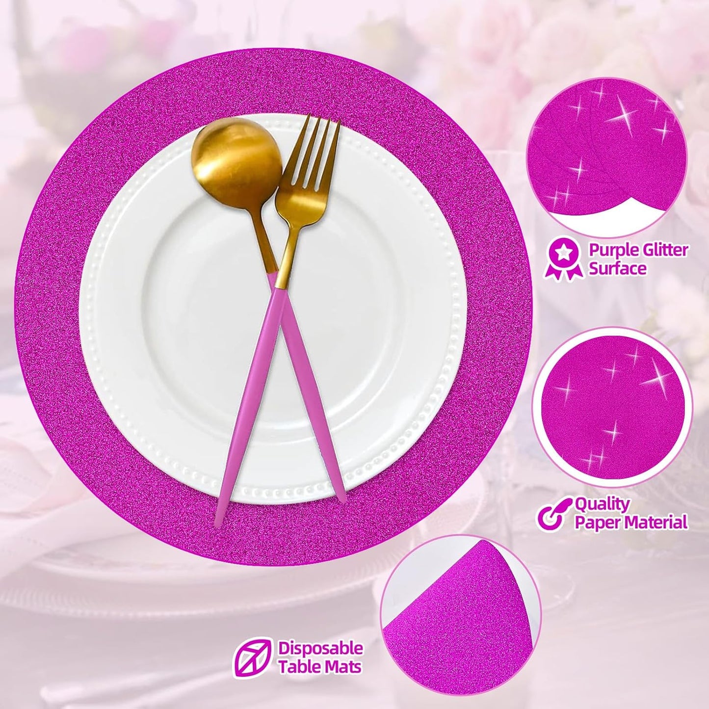 50 Pieces Hot Pink Glitter Paper Place Mats Sparkle 14'' Round Disposable Table Mats Hot Pink Doilies for Wedding Banquet Birthday Party Home Dining Table Decor