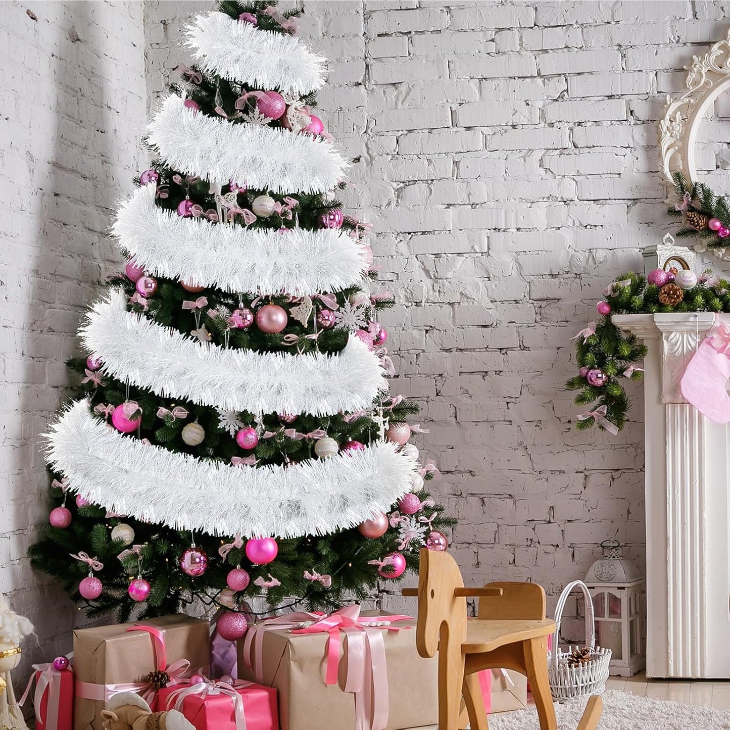 72 Feet Christmas Tinsel Garland Shiny Metallic Tinsel Twist Garland Streamers Ornaments Long Glitter Christmas Tree Hanging Decorations for Party Holiday Wedding Birthday Tree Wall Rail (Snowy White)