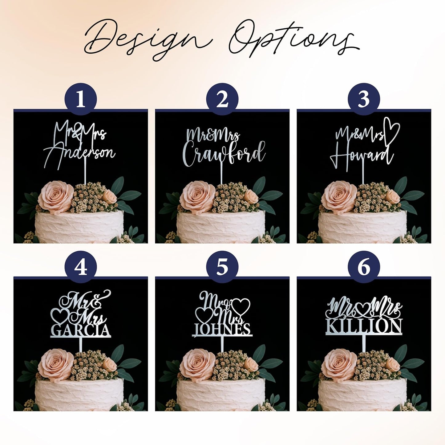 Personalized Mr & Mrs Wedding Cake Topper - Custom Last Name Cake Decoration - 6 Elegant Designs – Wood or Acrylic – 11 Colors – Ideal for Weddings & Anniversaries