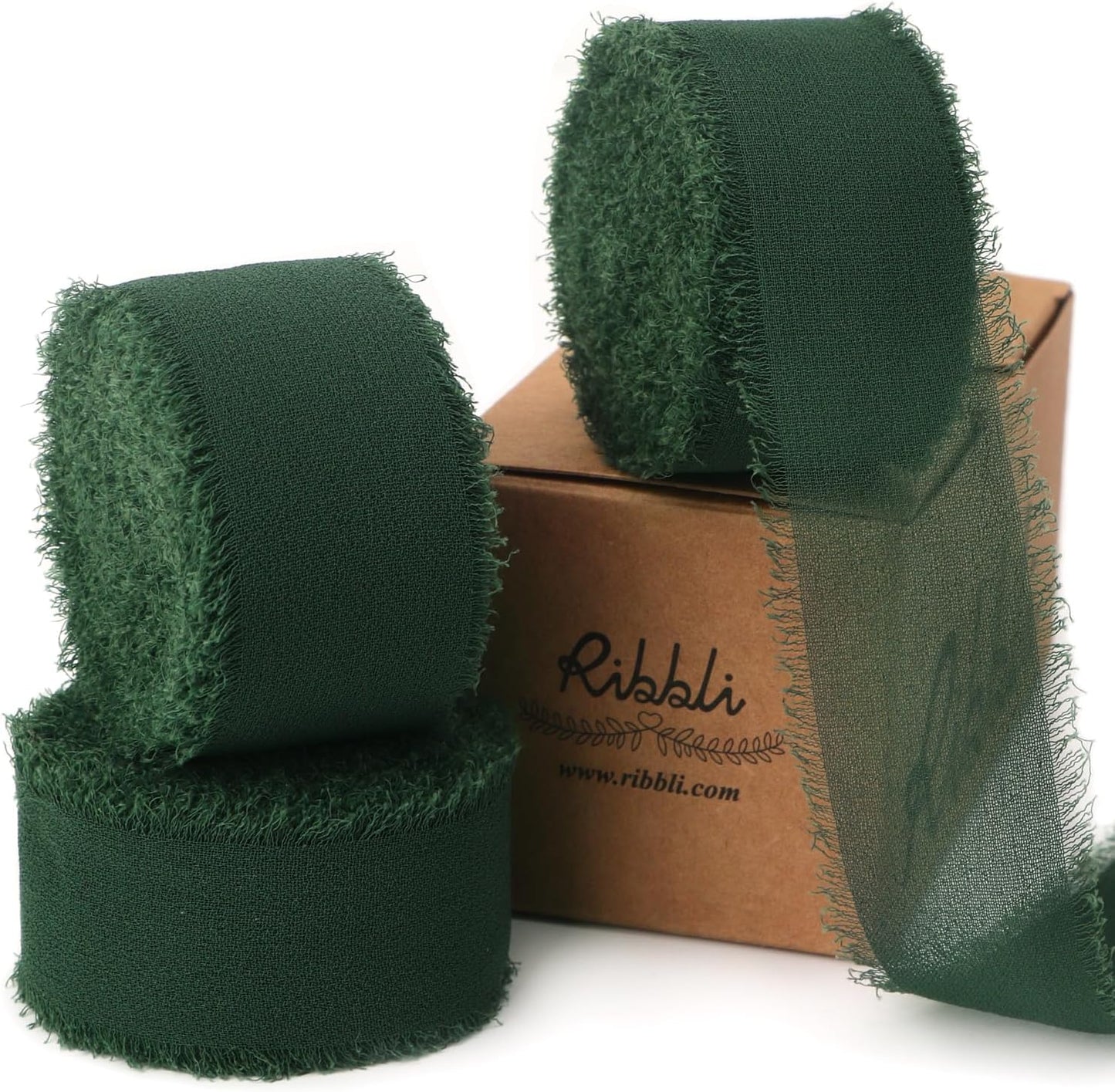 Ribbli Forest Green Ribbon 1 Inch x 3 Rolls Total 24 Yards Handmade Fringe Chiffon Silk Ribbon for Wrapping Wedding Invitations Bridal Bouquets DIY Crafts Home Decor