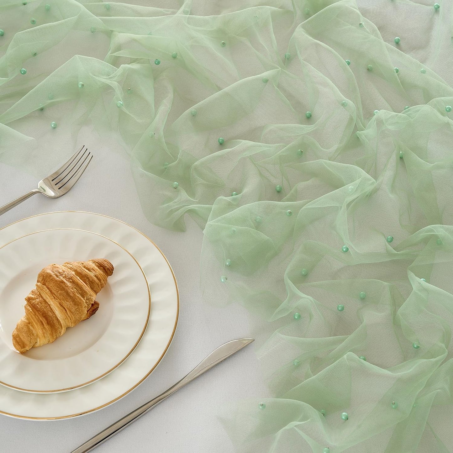 Fanami 1 Pack Pearl Table Runner -10FT Sage Green Boho Tulle Table Runners 120 Inches Long Rustic Sheer Lace Fabric Centerpieces for Wedding Arch Birthday Party Bridal Veil Baby Shower Decorations