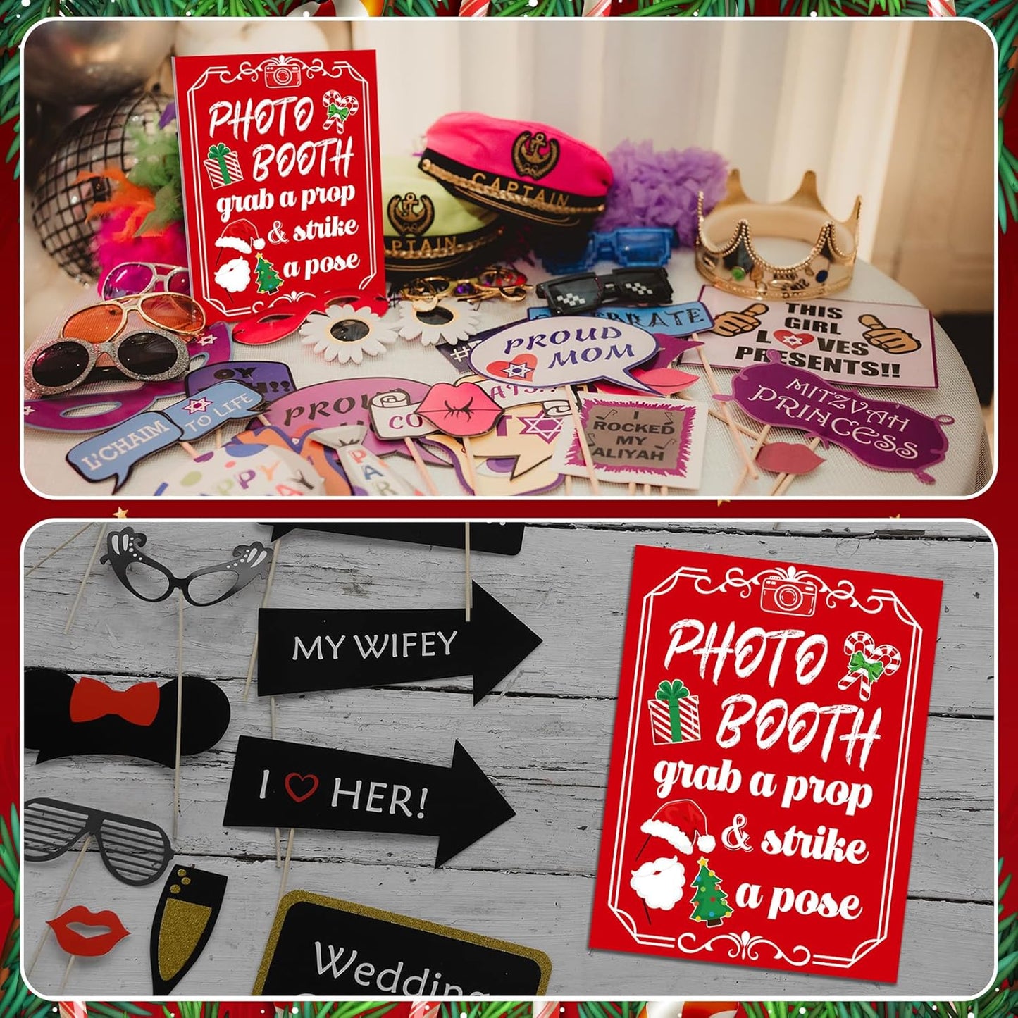 Photo Booth Sign with Stand Retro Background Table for Christmas Indoor and Outdoor Party Theme Event Photography Props Desktop Decoration Supplies