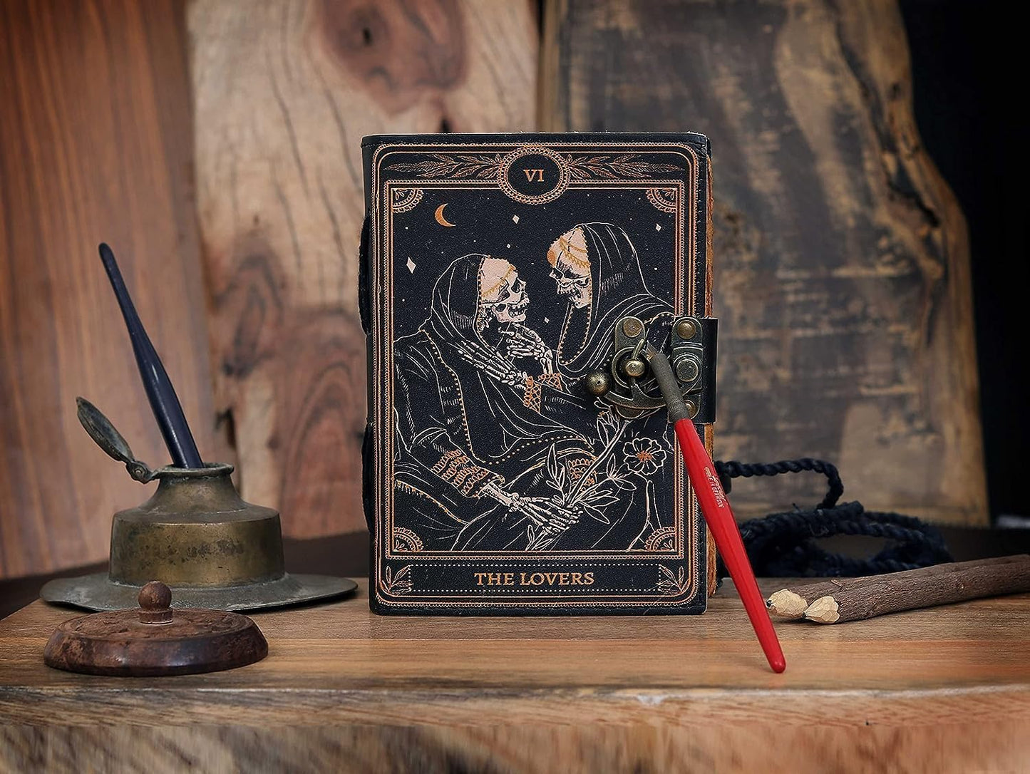 cuero C Book of Spells Leather Journal Deckle Edge Paper Grimoire Printed Journal The Lovers Tarot Notebook Spiral Gothic Notebook Skull lover Antique Vintage Leather Journals for Men and Womens