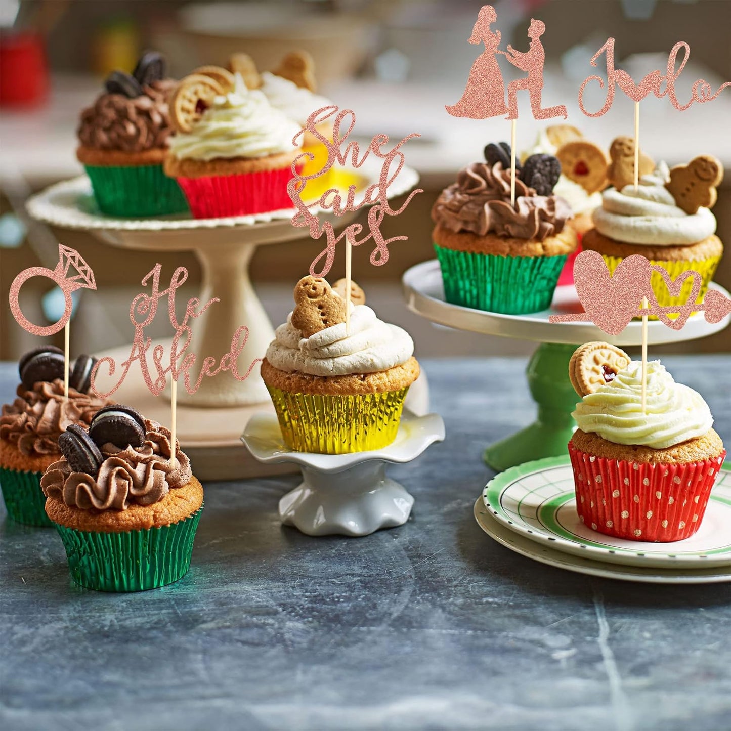 24Pcs He Asked She Said Yes Cupcake Toppers Diamond Ring Heart I Do Cake Picks for Wedding Engagement Bridal Shower Party Cake Decorations - Rose Gold Glitter