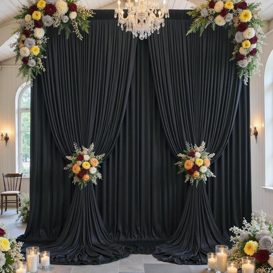 20x12ft Wrinkle Free Black Backdrop Curtain for Wedding Parties, 4 Panels 5×12 ft Long Soft Silky Polyester Fabric Backdrop Drapes Black Photo Back Drop Curtains for Party Photography Background Cloth