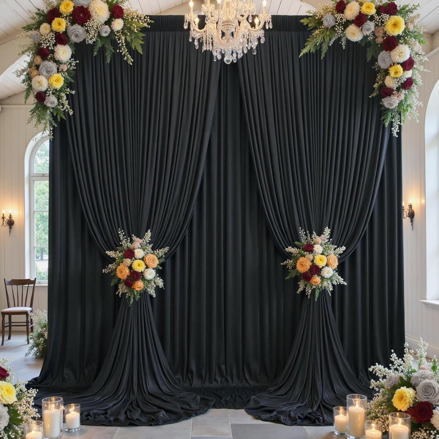 30x12ft Wrinkle Free Black Backdrop Curtain for Wedding Parties, 6 Panels 5×12 ft Long Soft Silky Polyester Fabric Backdrop Drapes Black Photo Back Drop Curtains for Party Photography Background Cloth