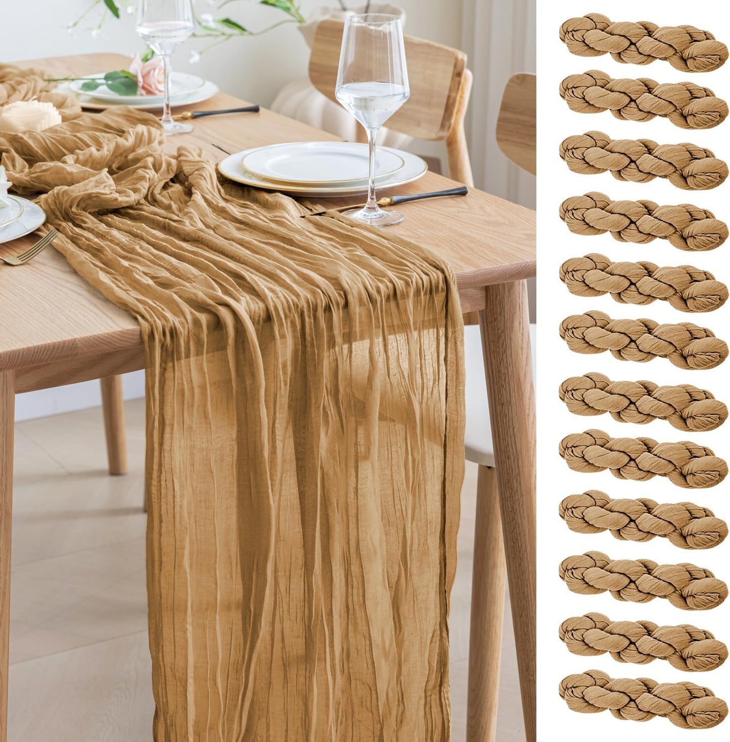 Asee'm 12pcs Cheesecloth Table Runner 120 Inches Long Khaki Boho Gauze Cheese Cloth Runner 10FT Rustic Sheer Table Runners for Christmas Wedding Party Baby Shower Spring Easter Decoration