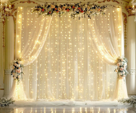 Champagne Tulle Photo Backdrop Curtain with Lights String for Parties Wedding Bridal Shower Sheer Champagne Curtain Backdrop for Birthday Baby Shower Photo Booth Photography 20ft x 8ft