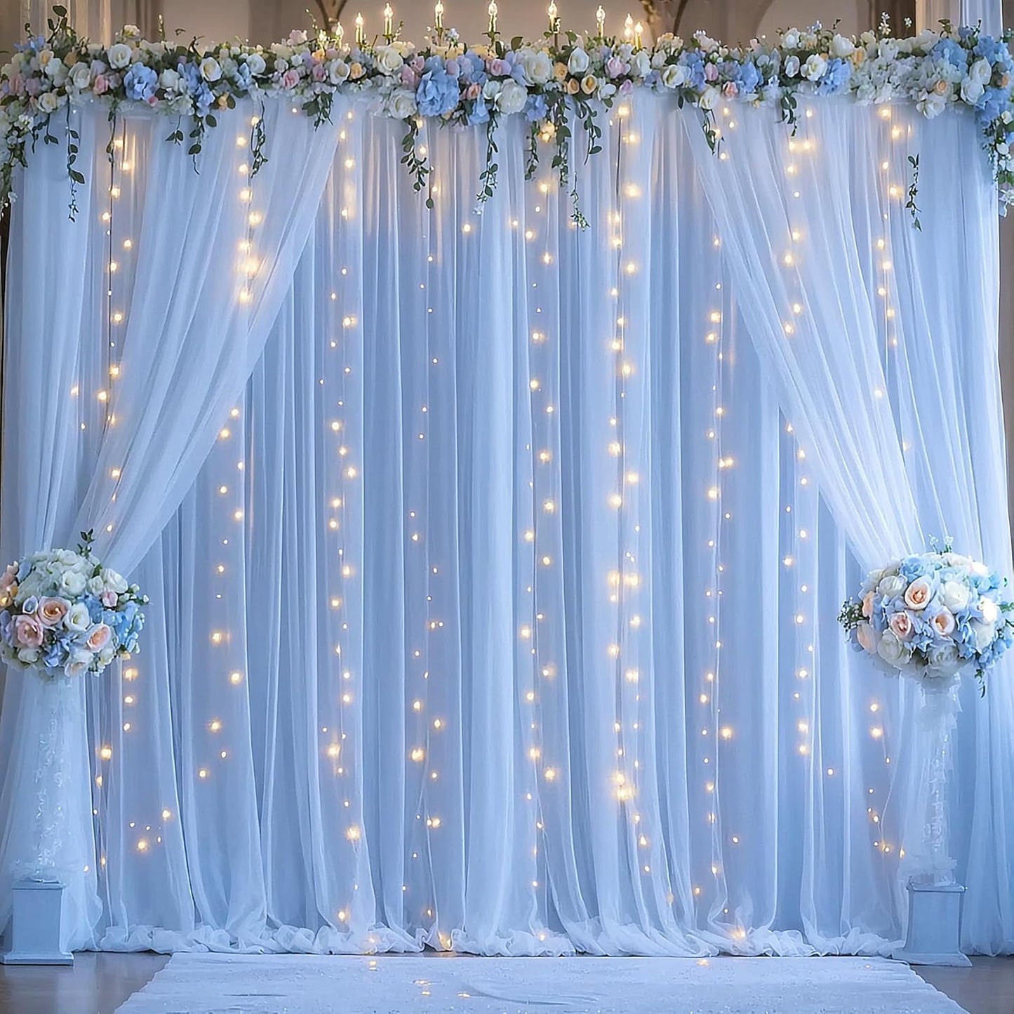 Baby Blue Backdrop Curtains with Lights String for Baby Shower Parties 2 Panels 5×10ft Sheer Tulle Backdrop Curtain Panels for Birthday Party Bridal Shower Photo Shoot Background Wall Decorations