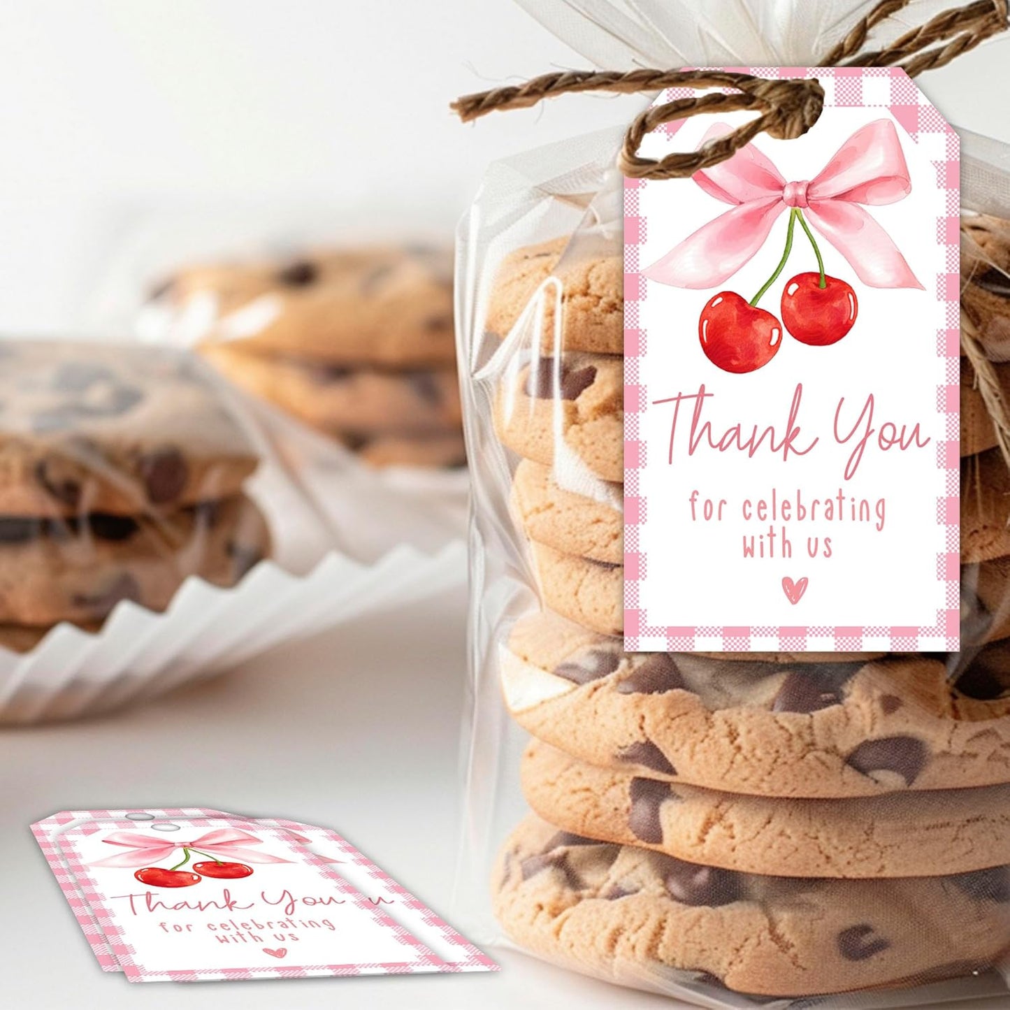 Cherry Gift Tags, 2x3.5 Inch Pink Bow Gift Tags, 50Pcs Thank You for Celebrating with Us Label, Paper Personalized Design Labels for Wrapping Party Favor-A12