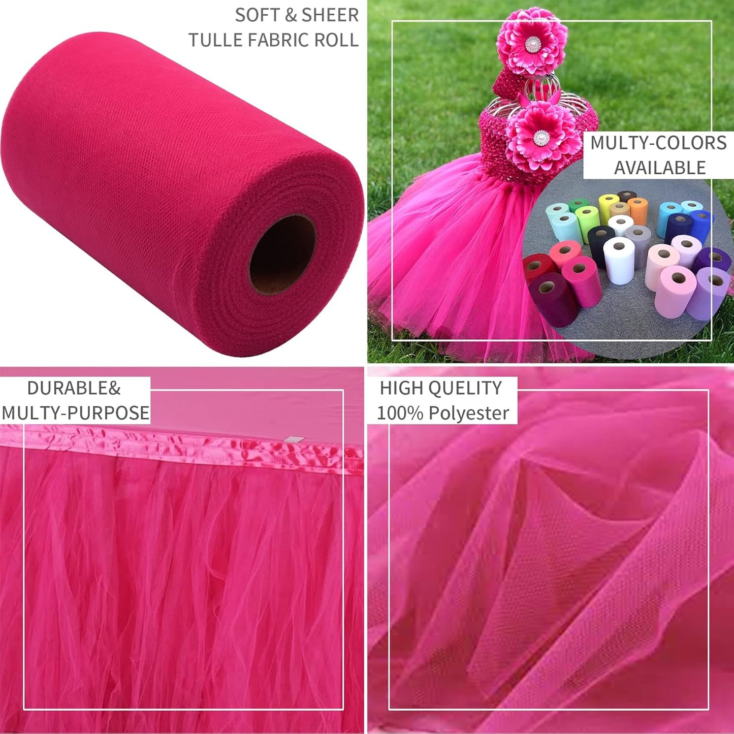 Fuchsia Tulle Fabric Rolls 6 Inch by 200 Yards (600 feet) Fabric Spool Tulle Ribbon for DIY Halloween Tutu Bow Baby Shower Birthday Party Wedding Decorations Craft Supplies