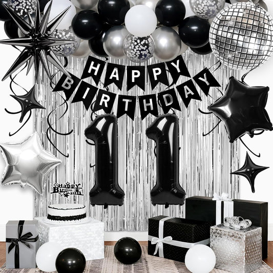 11th Birthday Decorations for Boys Girls, Black Silver Happy Birthday Party Decorations， 11 Year Old Party Supplies with Number 11 Balloons, Banner, Fringe Curtains Kit