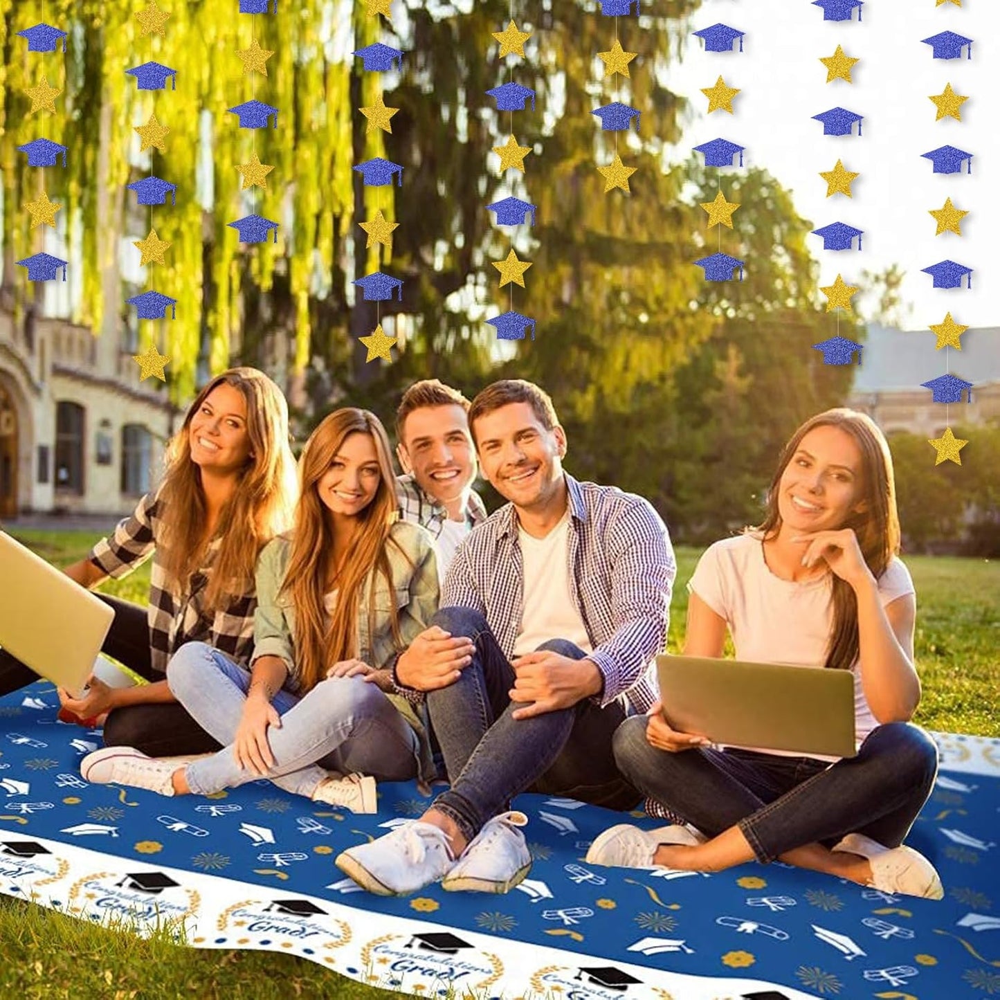 Navy-Blue Gold Graduation-2025 Class Party-Decorations - Congrats Grad Hat Star Banner Streamers Garland,Senior High School Night College Congratulations Decor Supplies Ouruola