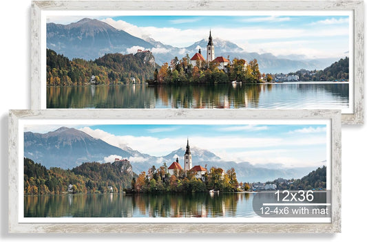 12x36 Picture Frame 2 Packs, Real Glass and Distressed White Wood Frame, Display Collage Pictures Twelve 4x6 With Mat or Pennant 12 x 36 Without Mat - Horizontal or Vertical Wall Mounting