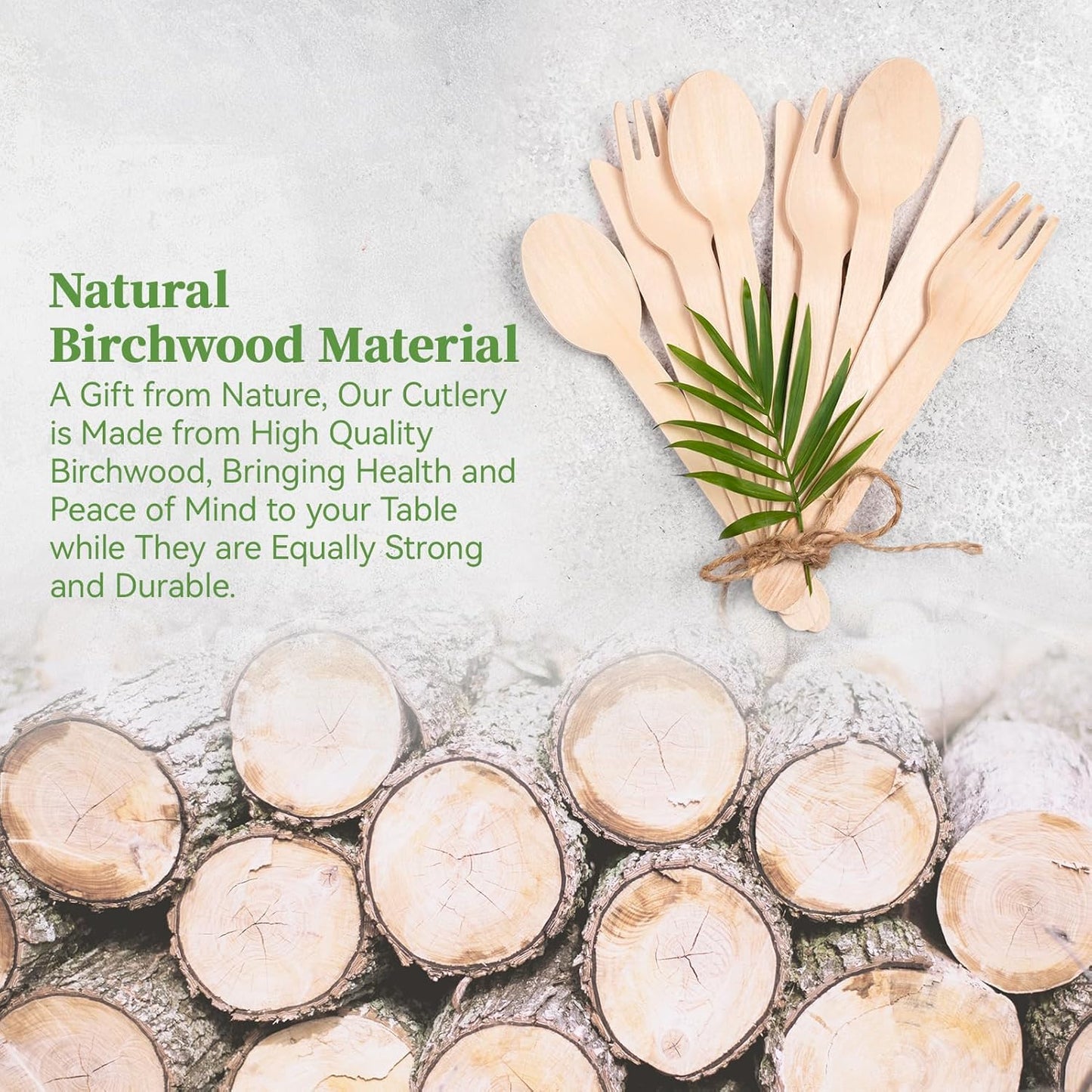 ECOLipak 300 Count Disposable Wooden Cutlery Set, 100 Knives, Forks and Spoons each, Splinter-Free Compostable Wooden Disposable Utensils for Party, Camping, Traveling, Family Dinners