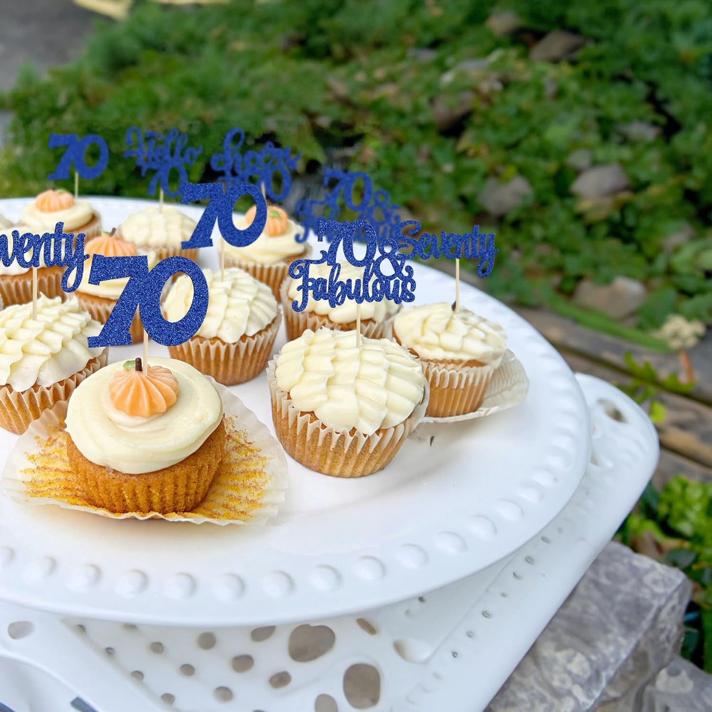 30Pcs Happy 70th Birthday Cupcake Toppers Seventy Cheers to 70 Years Old Birthday Cupcake Picks for 70th Birthday Anniversary Party Cake Decorations Supplies Deep Blue Glitter