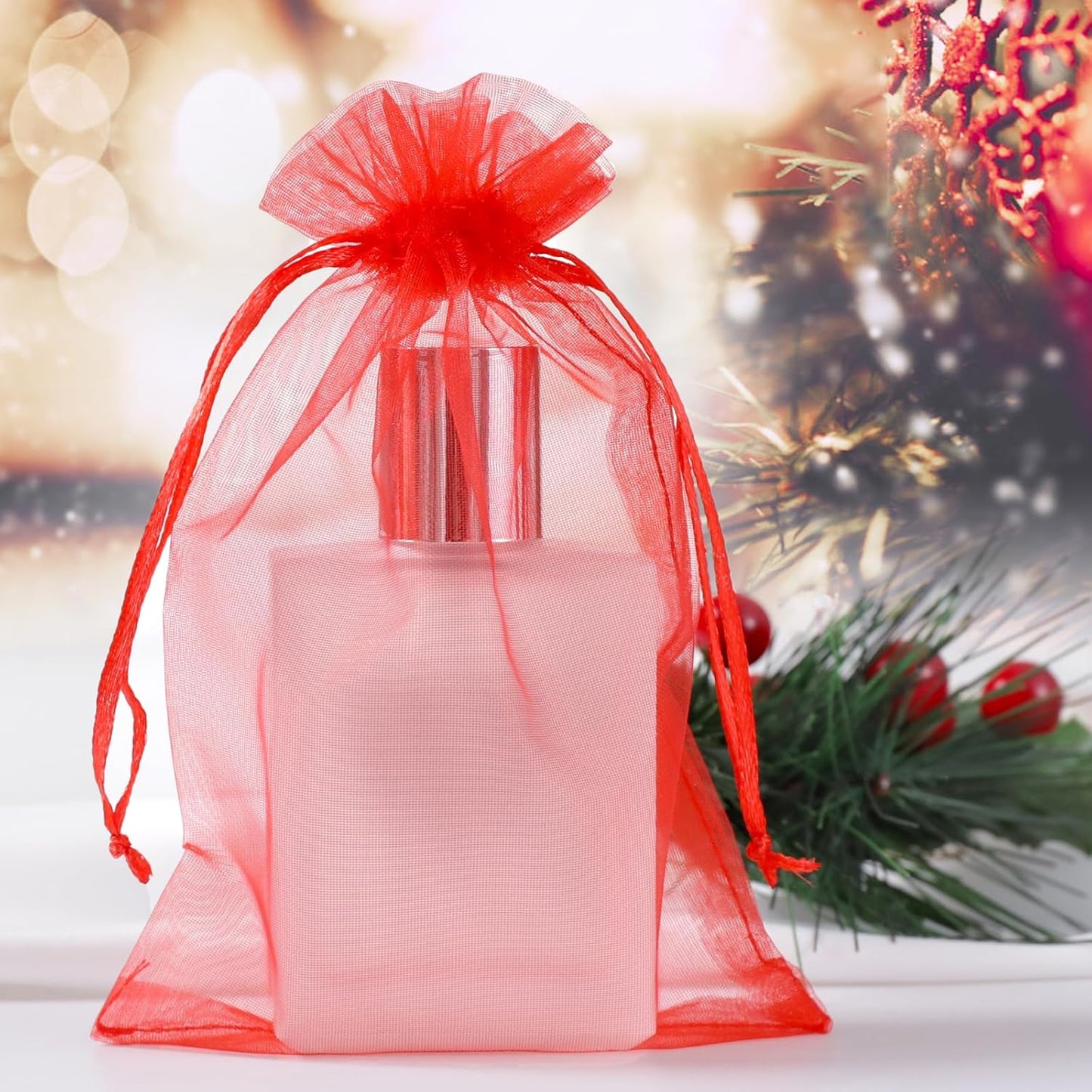 Hopttreely 50pcs Organza Gift Bags, Red Jewelry Gift Bags, 4x6inch Wedding Favor Bags with Drawstring, Small Mesh Gift Pouches Mini Candy Bags for Valentienes Party