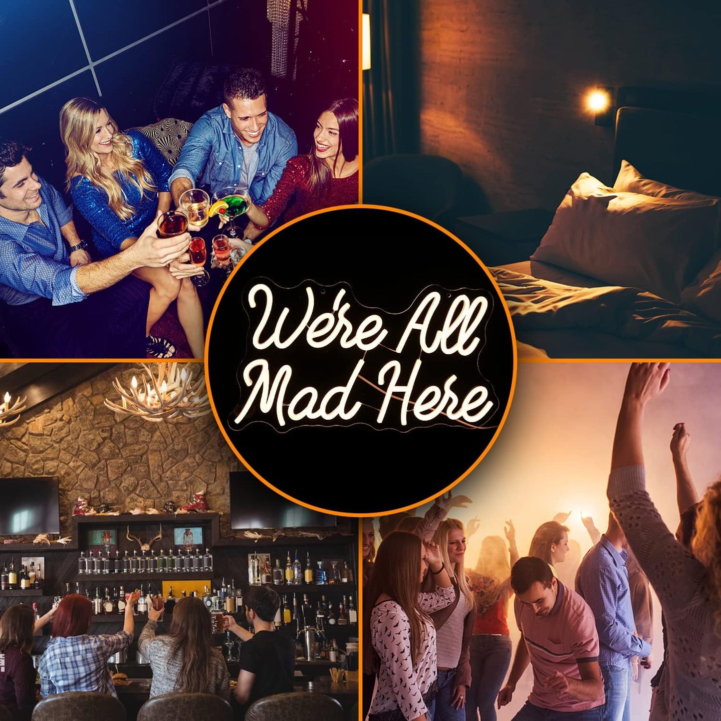 We Are All Mad Here Neon Sign Letter LED Neon Lights Dimmable USB Powered 16.5’’X9.4’’Cool Wall Decorative Light Bedroom Bar Birthday Party Decoration Gifts （Warm White）