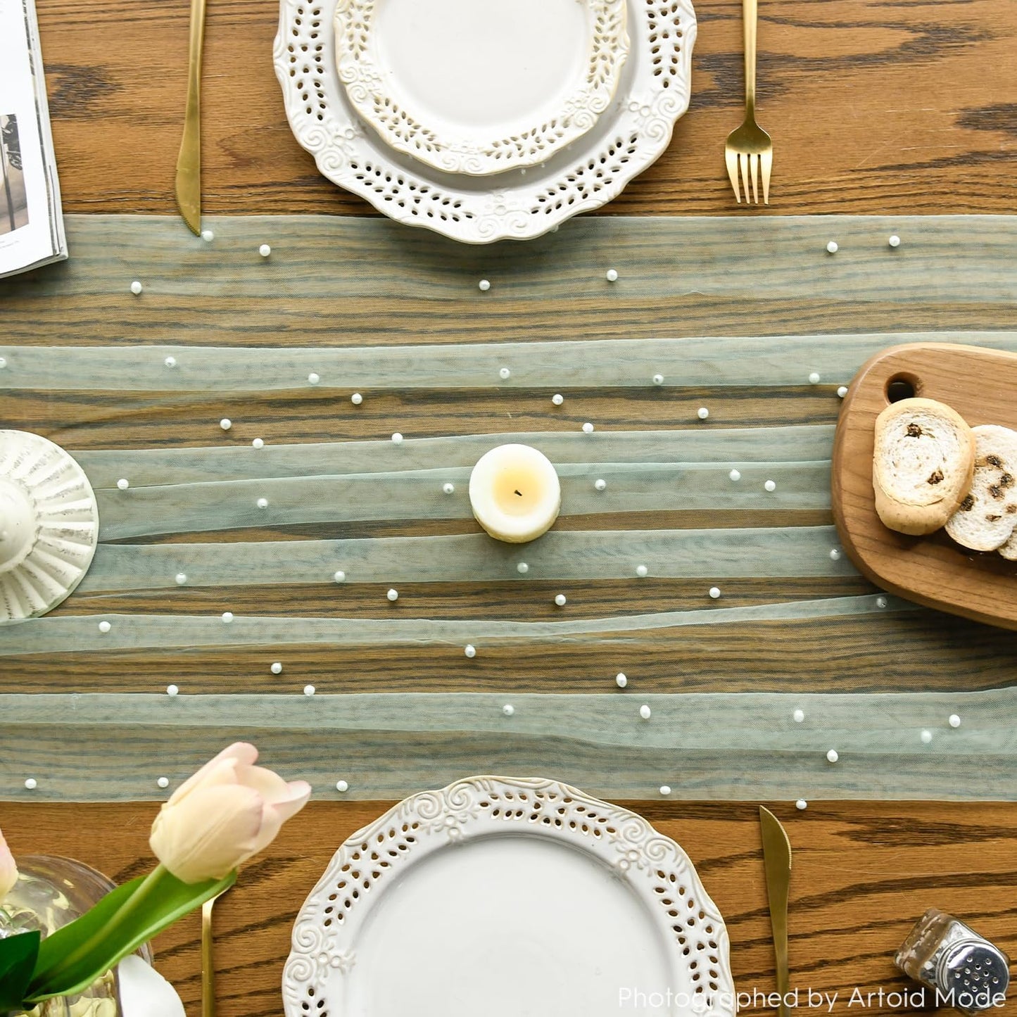 Artoid Mode Pearl Grass Green Gauze Table Runner 59x120 Inch , Seasonal Sheer Kitchen Dining Holiday Wedding Birthday Baby Shower Table Decor for Home Party