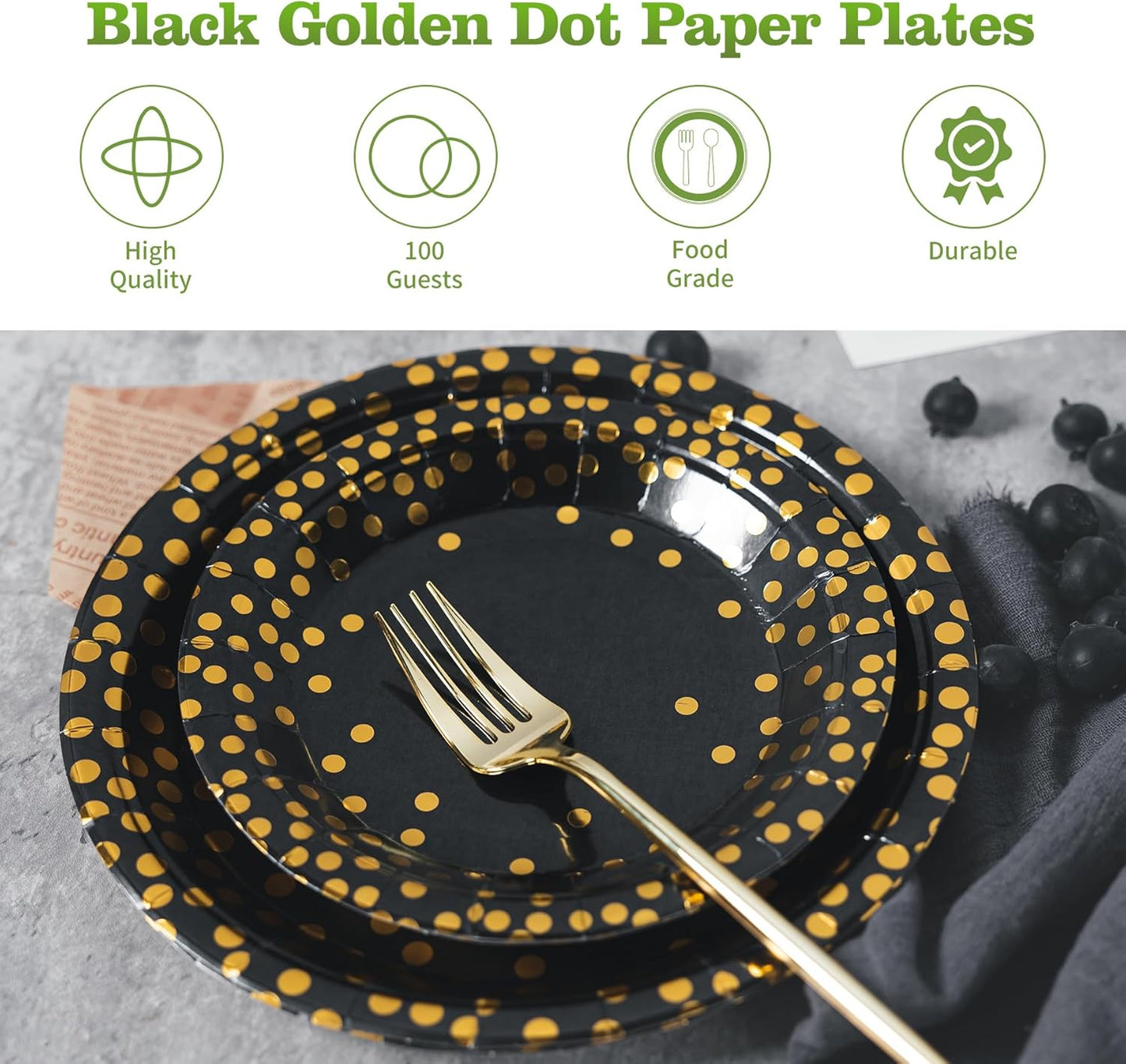 Lullaby 200PCS Black Paper Plates, Black and Gold Paper Plate, 100pcs Dinner Plates 9"，100pcs Dessert Plates 7", Disposable Graduation Plates with Golden Dot for Birthday party, Halloween