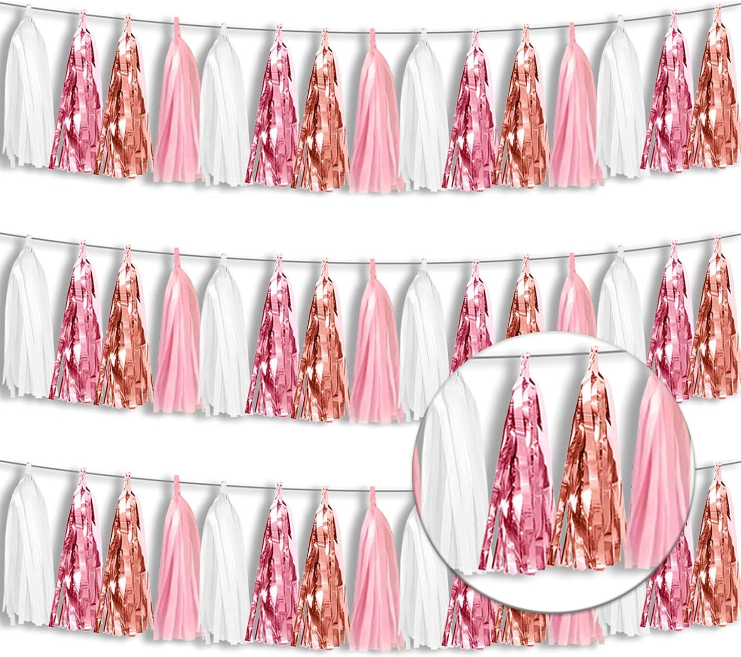 3P Metallic Fringe Tassel Banner Garland Foil Tinsel Streamer Wall Hanging Curtain Backdrop for Parade Floats, Graduation, Wedding, Birthday, Retirement Party Decorations(Rose-Gold Pink White)
