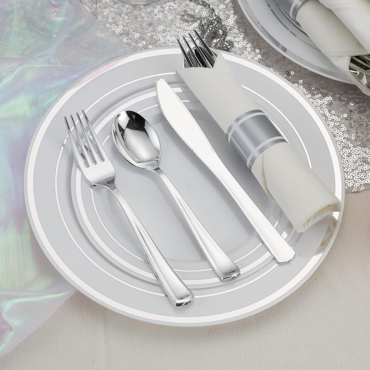 50 Pack Pre Rolled Silver Plastic Silverware Set, Disposable Wrapped Plastic Cutlery Set (50 Forks, 50 Knives, 50 Spoons, 50 Napkins) for Wedding Party
