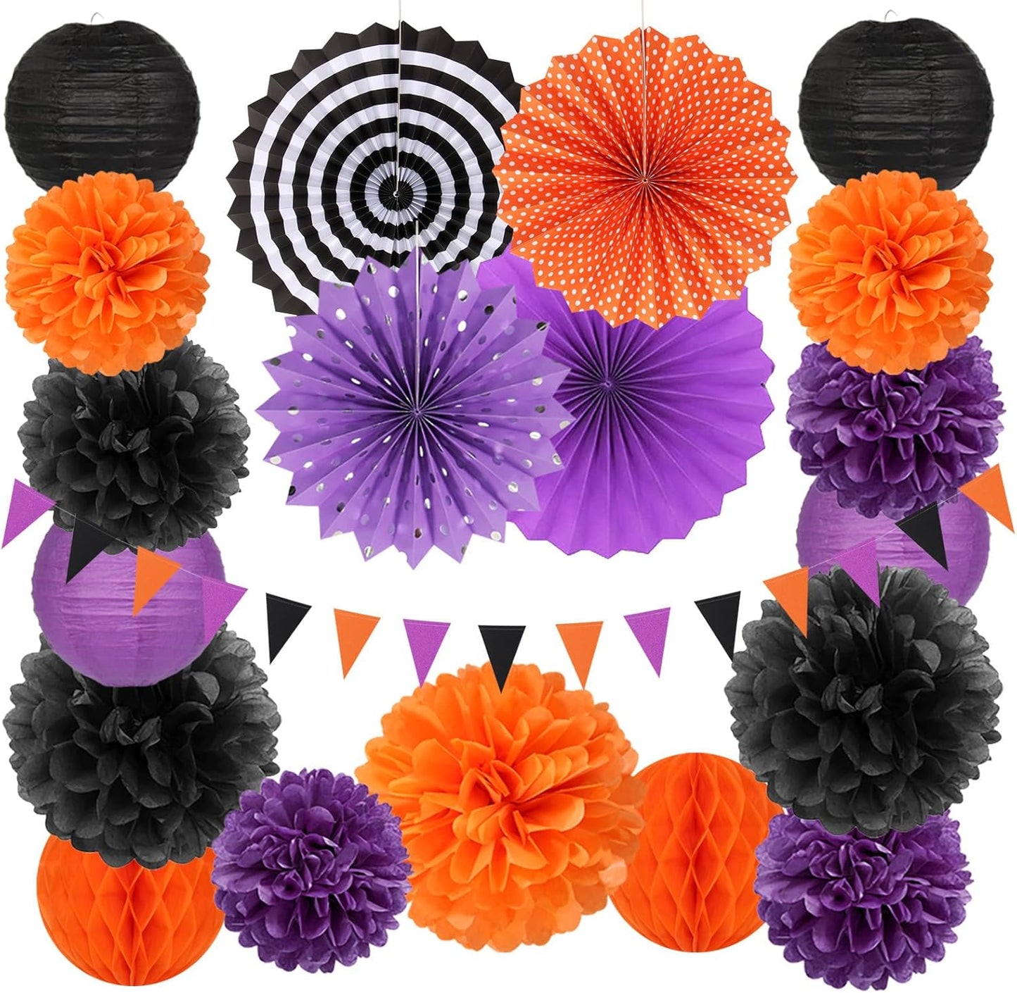 Black Orange Purple Halloween Party-Decorations - 20pcs Paper Lanterns Fans,Tissue Pom Poms,Honeycomb Balls, Birthday Baby Bridal Shower Graduation Wedding Hotel Transylvania Decor Burgleda
