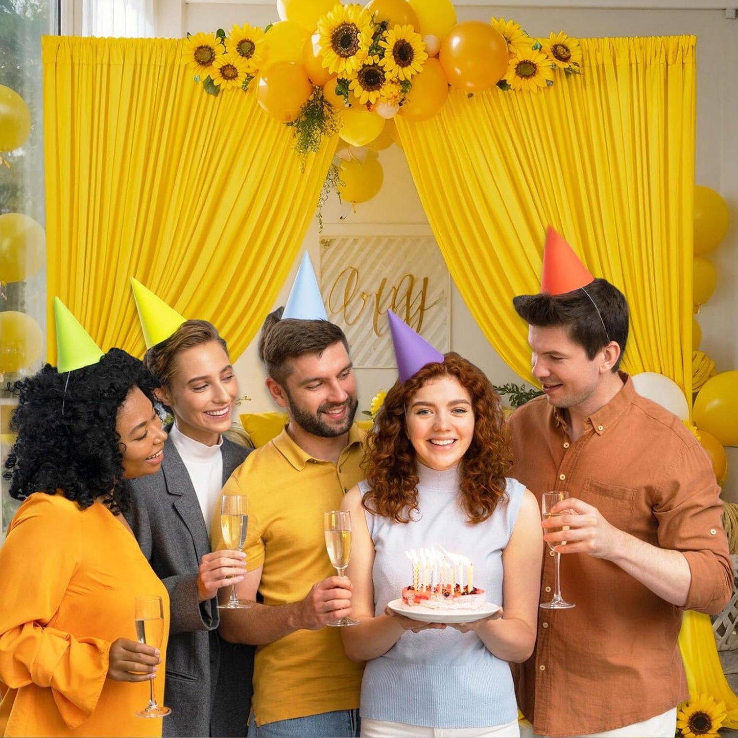 10 x 7 Feet Yellow Backdrop Curtain for Partie, Background Curtains for Photoshoot, Birthday, Wedding, Halloween, Thanksgiving, Christmas Day, New Year Party Decorations 5Ft x 7Ft, 2 Panels