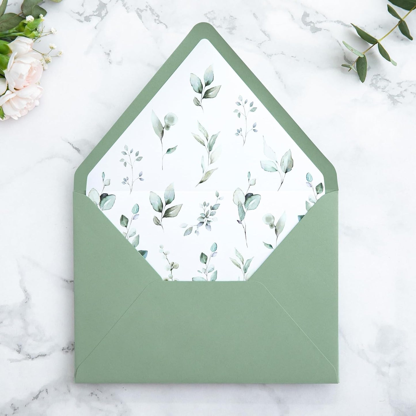 PONATIA 50PCS A7 Euro Flap Envelope, 5.25 x 7.25'' Sage Green Flowers Liner Envelopes for Wedding Invitations, Photos, Postcards, Greeting Cards, Christmas Gift, Acrylic Mailing