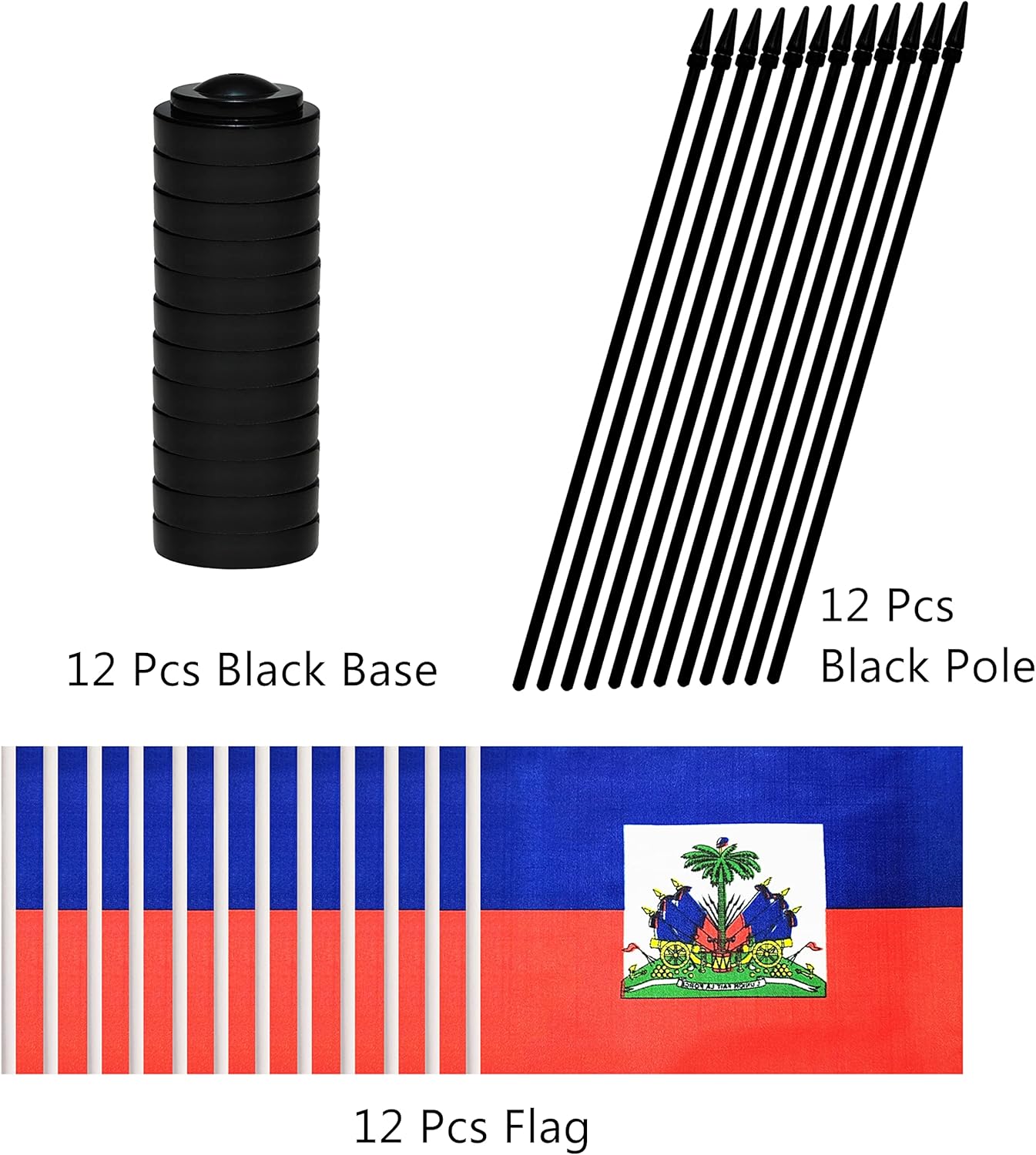 12 Pack Haiti Desk Flags Set, Haitian Small Mini Table Office Flags With 12" Solid Black Pole, Black Base and Spear Top, Miniature Desktop Flag, Home Decoration, Office Decoration, Festival