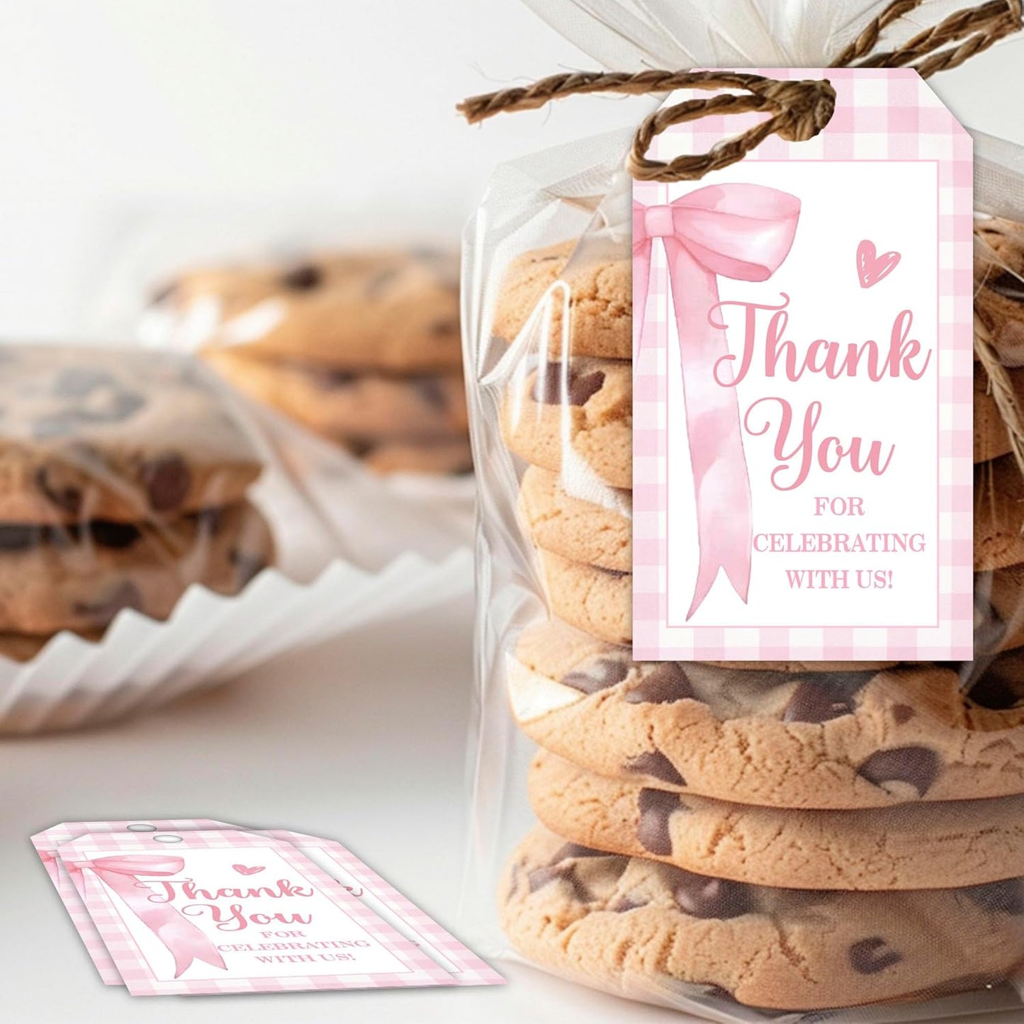 Pink Bow Gift Tags, 50Pcs Thank You Label with String, Thank You for Celebrating with Us Tag, Paper Personalized Design Gift Labels for Wrapping Party Favor-A13