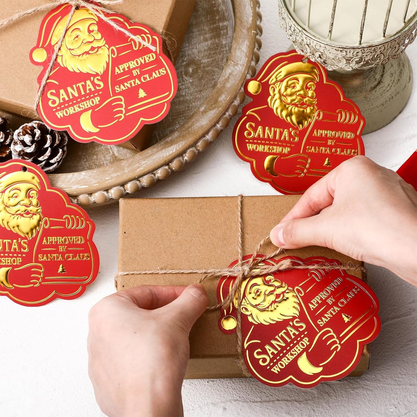 36 Pcs Christmas Gift Tag with String 3D Santa Gift Tag Gold Foil Present from Santa Claus Premium Gold Tags for Kids Christmas Party Decor(Vintage)