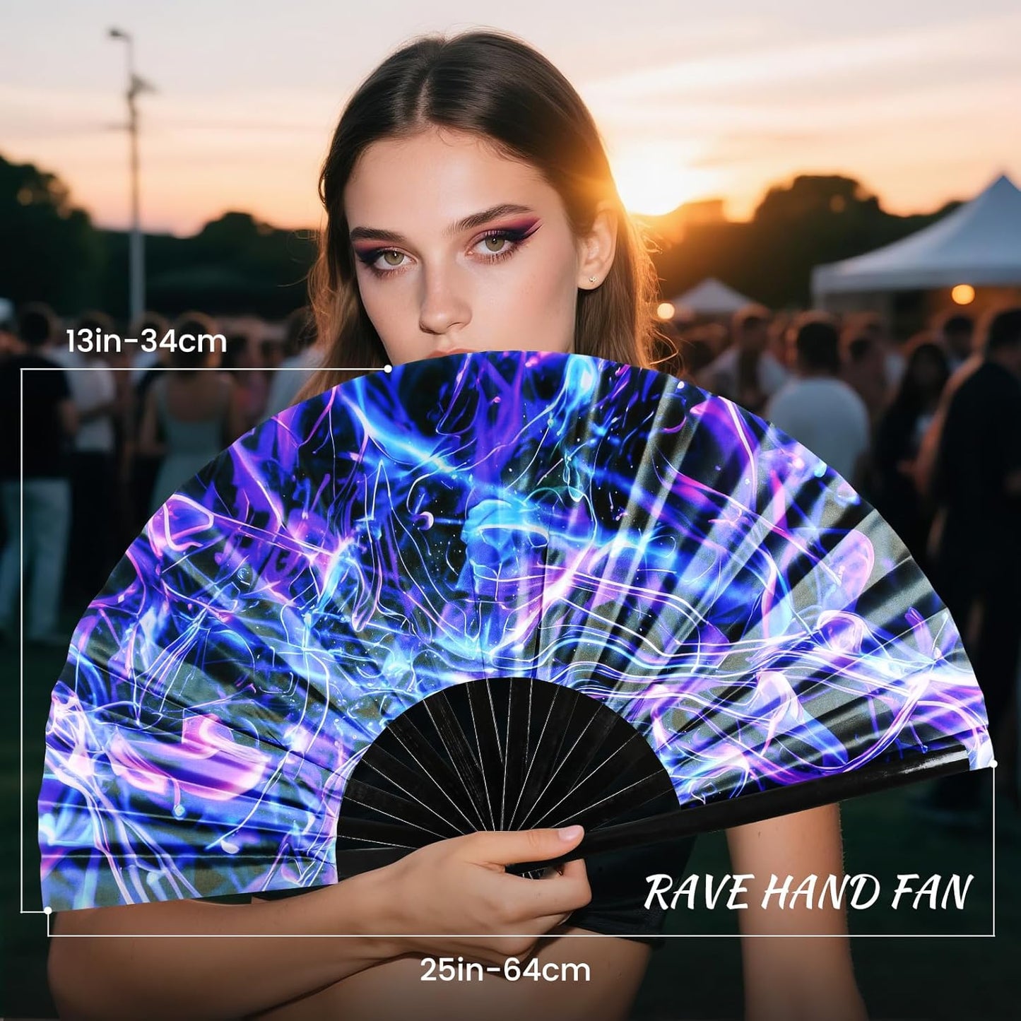 SYNTECSO Folding Hand Fan for Rave, Popping Fan for Line Dancing, Drag Queen, Women and Men Gift，Chinese Japanese UV Glow Clack Fan for Parties, Music Festivals, EDM and Decoration