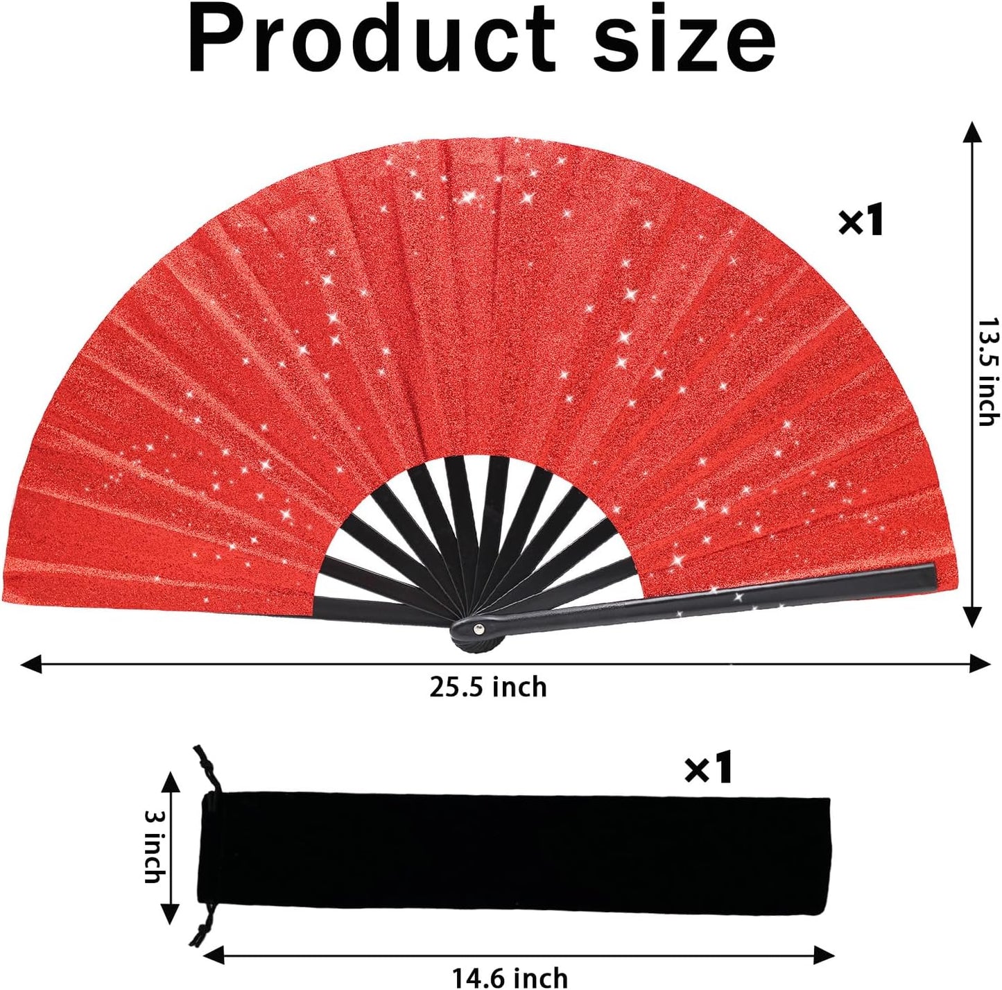 Glitter bling Large Folding Fan-Hand Fan Rave Clack Popping Fan for Line Dancing Clacking Fans for Boots On The Ground Dance, Party for EDM, Music Festival, Hot Flashes, Party, Decoration(1pcs red)