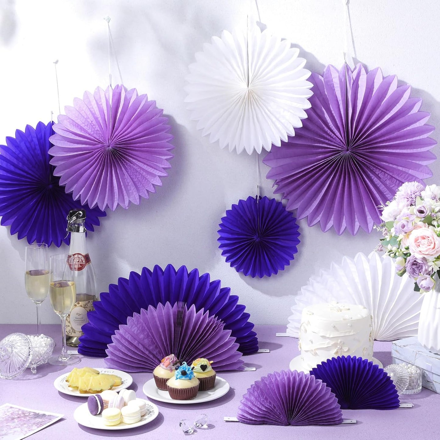 24 Pcs Purple and White Paper Fans Purple Party Decorations Classroom Decor Wall Background Ceiling Hanging Decoration for Birthday Wedding Baby Bridal Shower Engagement Party Decor