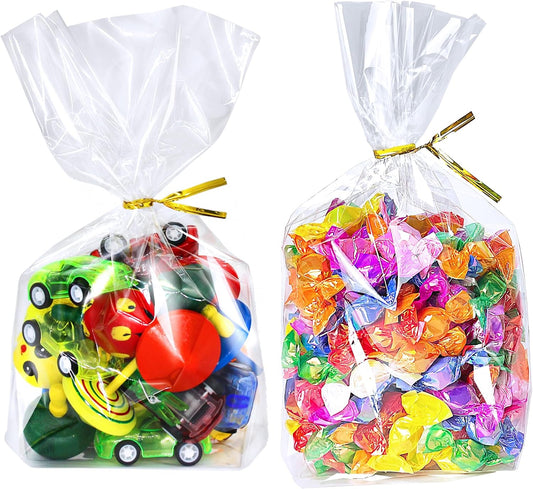 PigPotParty 6"x 9", 100Pcs Bottom Gusset Bags, Clear Plastic Cellophane Treat Goodie Bags with Ties for Party Favor, Candy, Cookie, Popcorn, Small Gift Wrapping (No Side Gusset)