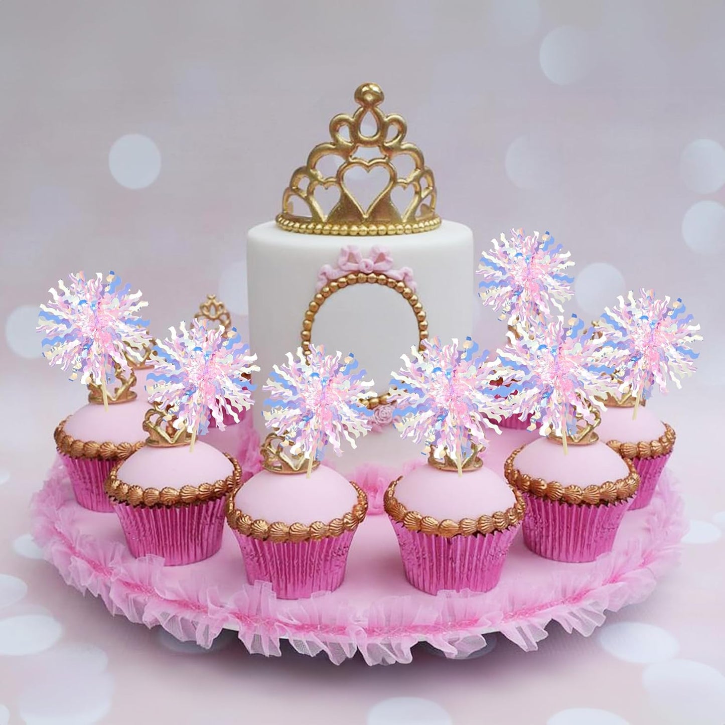 Ephlyn 30Pcs Foil Firework Cupcake Toppers Firework Cake Toppers Tinsel Flower Drink Stirrers Cocktail Food Fruit Toothpicks for Valentine's Day Party Decorations Pink