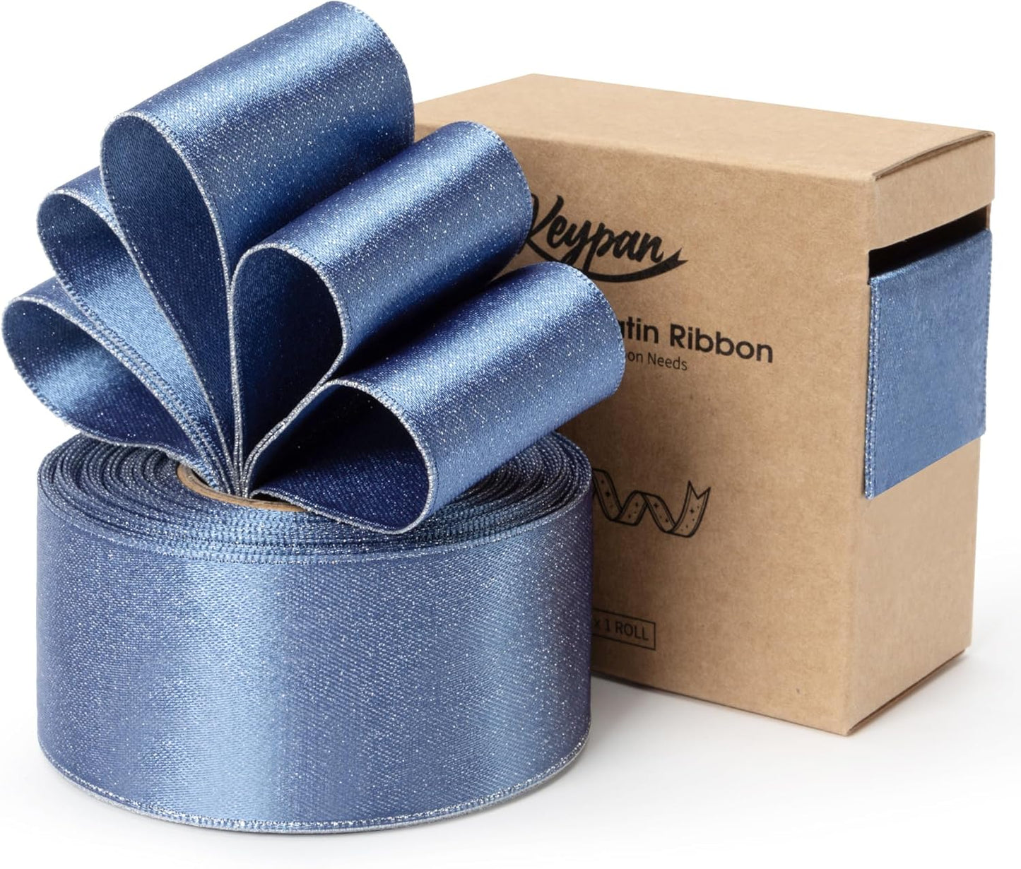Dusty Blue Satin Wired Ribbon 1-1/2 Inch Double-Faced Sliver Glitter Christmas Ribbons for Wreath, Tree Decoration, Gift Wrapping, Home Decor 10 Yards