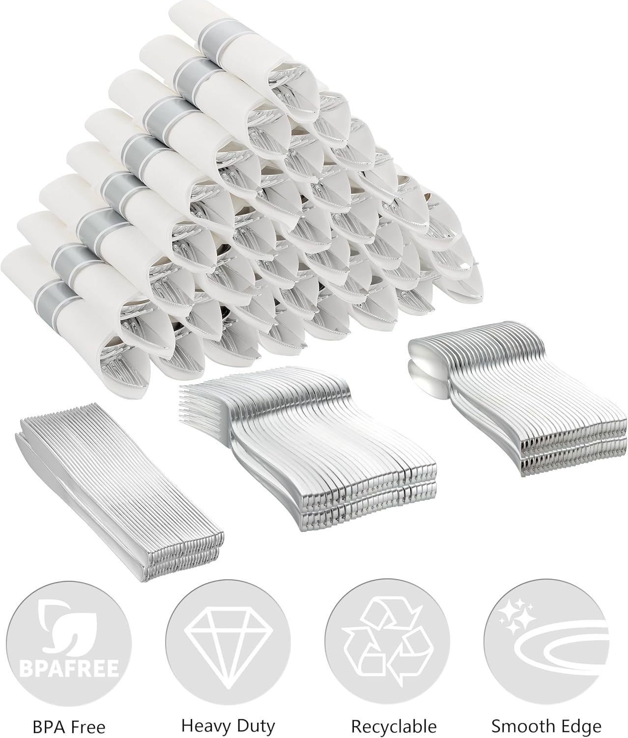 100 Pack Pre Rolled Silver Plastic Silverware Set with Napkins,Disposable Wrapped Heavy Duty Cutlery Set for Wedding Birthday Party-100 Forks,Knives,Spoon,Utensils Set,Plasticware Bulk