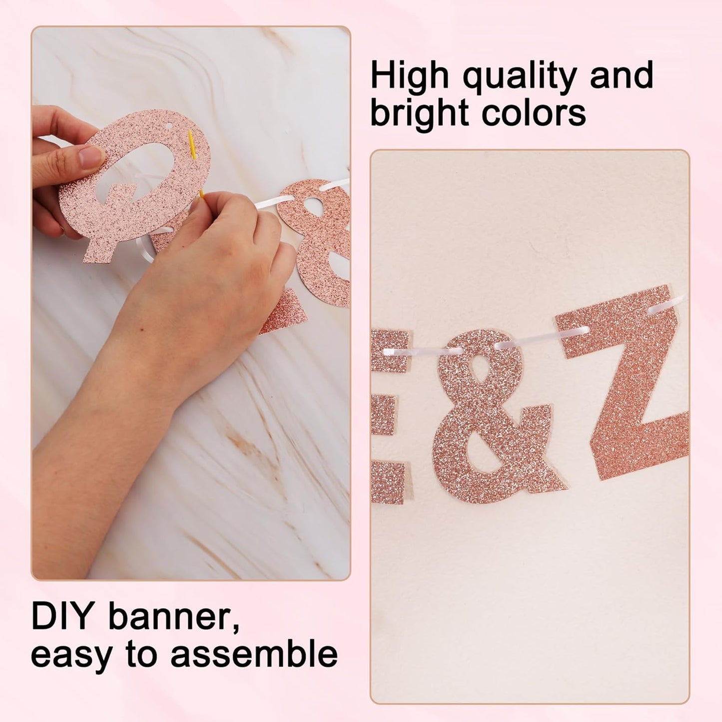 BEISHIDA 116 PCS A-Z Glitter Rose Gold DIY Letter Banner Kit Make Your Own Banner，Including 111 Letters and Numbers 3 Rope and 2 Threading Device,Customized for Birthday Graduation Wedding Party Decor