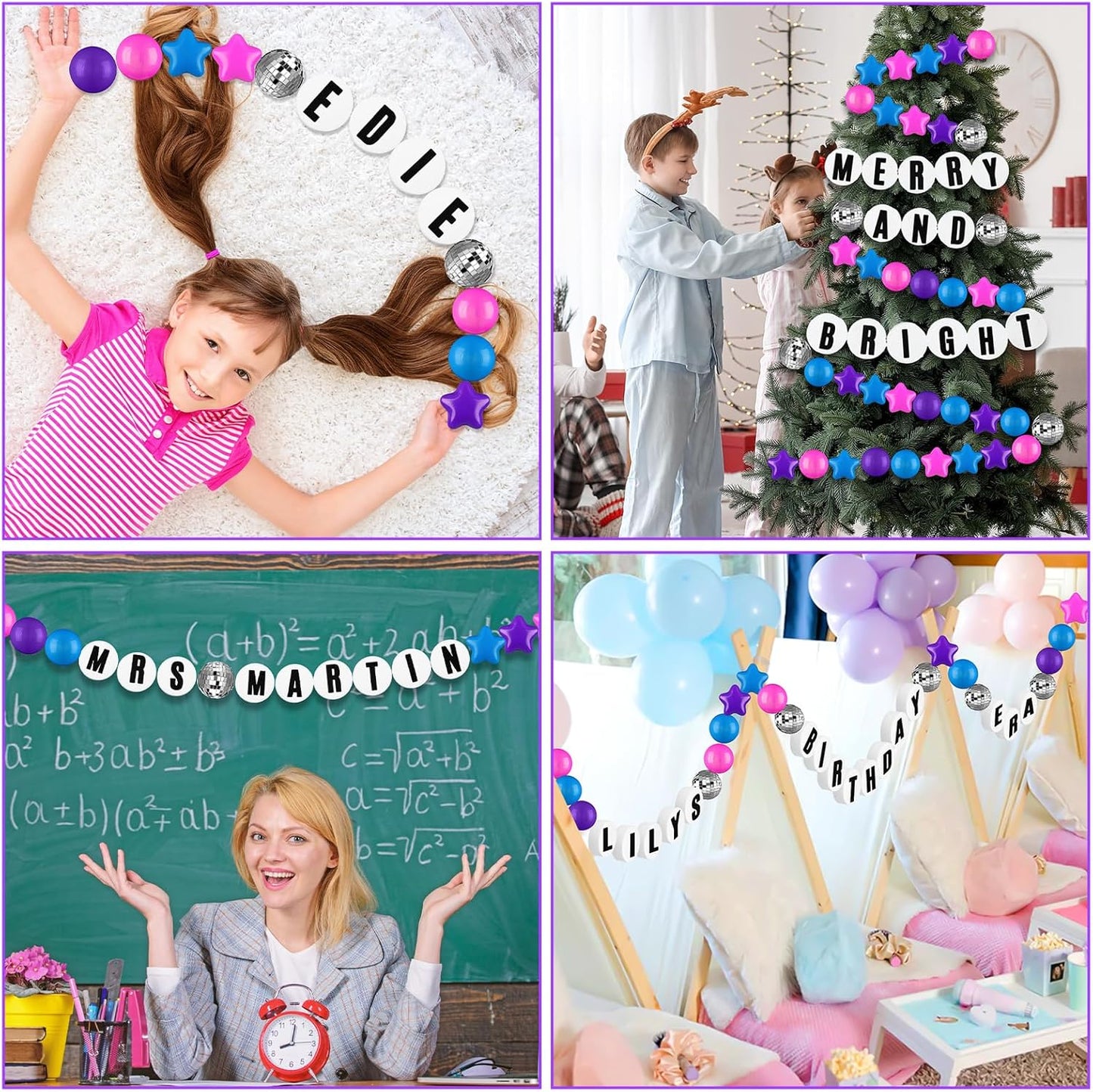 Giant Friendship Bracelet Garland Kit, DIY Birthday Banner with Letters Ball Jumbo Customizable Friendship Bracelet Decor for Halloween Christmas Wedding Party(Blue, Pink, Purple)