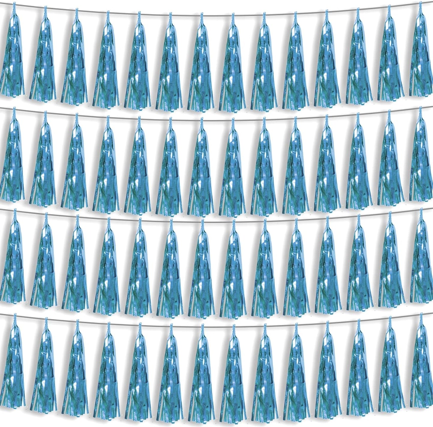 4P Light Blue Foil Fringe Metallic Streamers Banner Tassel Garland for Parade Floats, Bachelorette, Wedding, Birthday, Halloween, Christmas, Bridal/Baby Shower Party Decorations