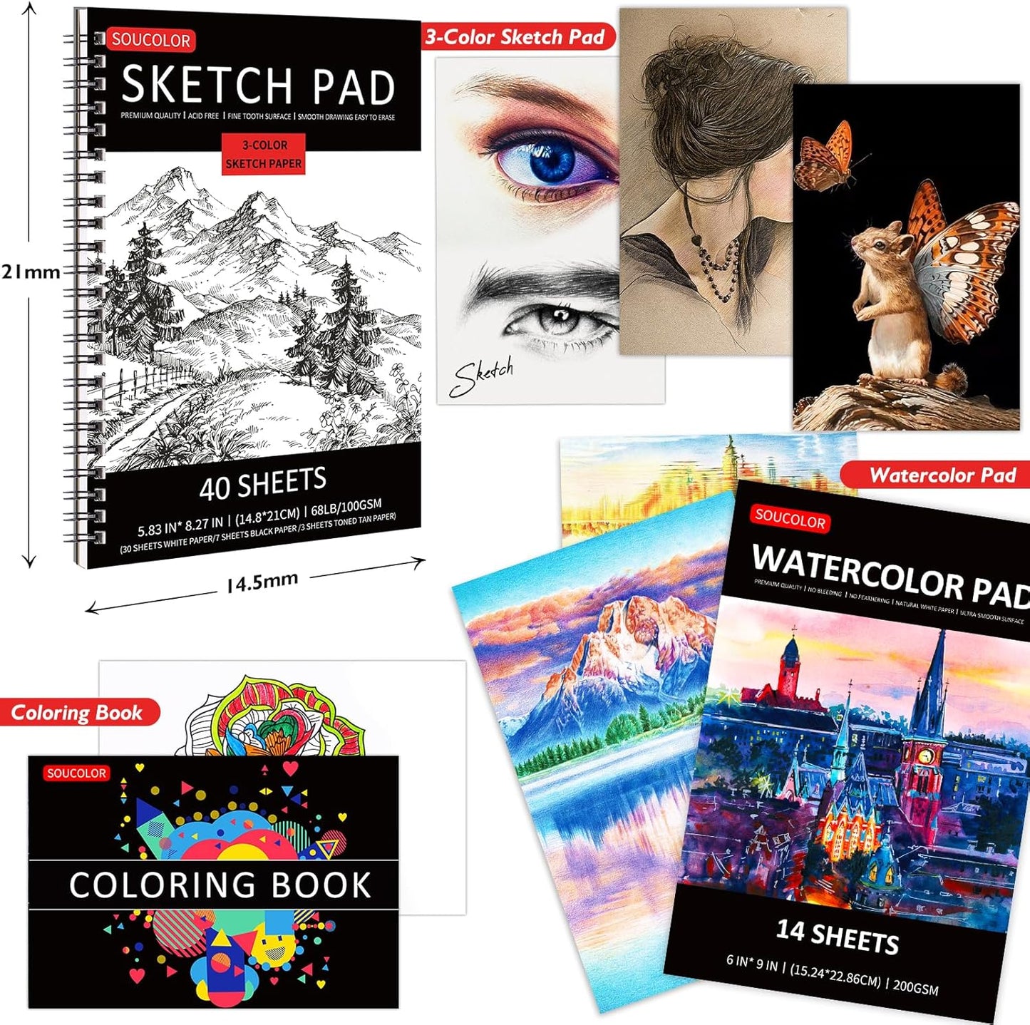 Art Supplies, Soucolor 76 Pack Drawing Set Sketching Kit, Christmas Gifts Box for Adult Kids Teen Girls: 3-Color SketchBook, Watercolor Pad, Coloring Book, Charcoal Colored Watercolor Metallic Pencils