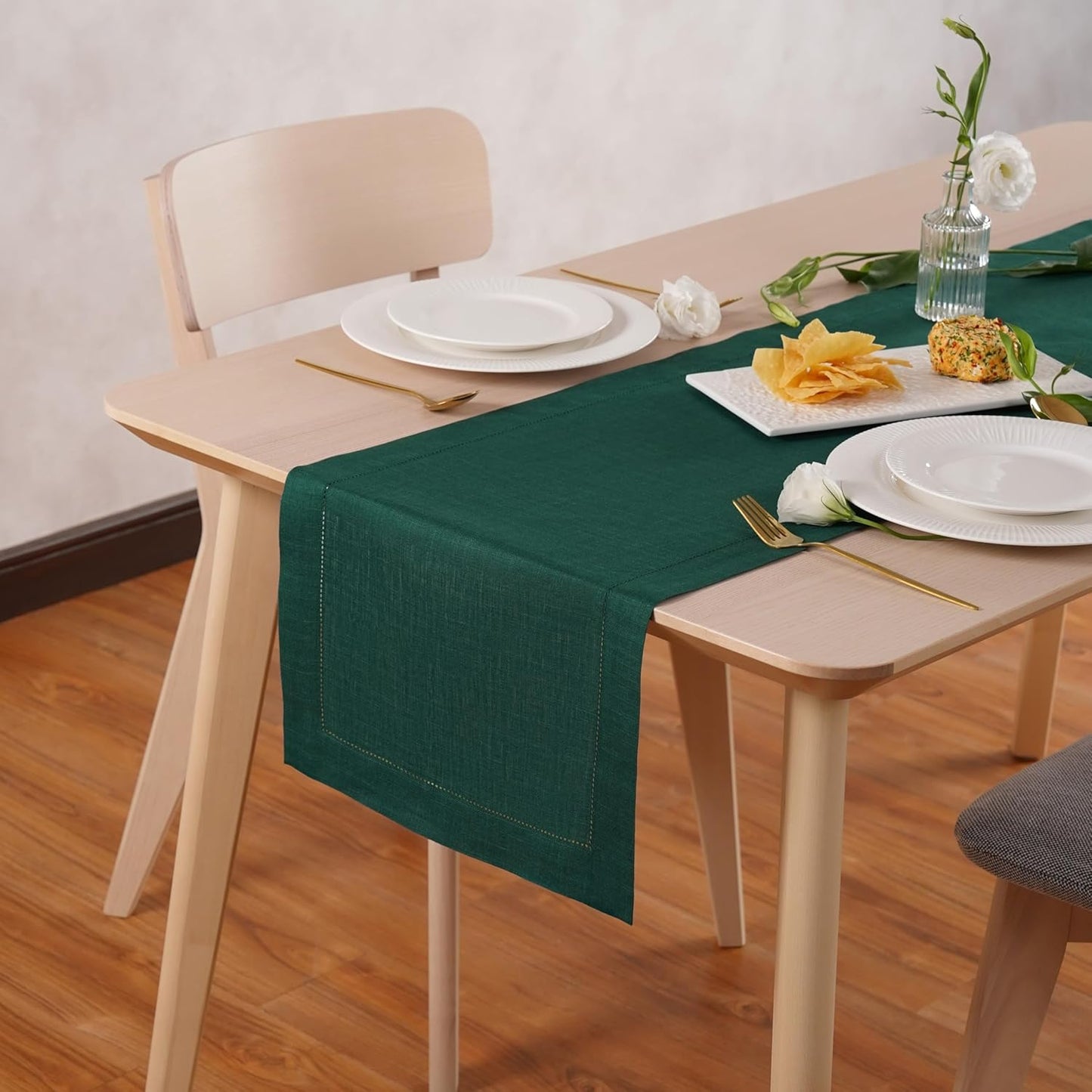 Linen Table Runner 14 x 90 Inch Long - 100% Pure Linen Christmas Green Table Runner - Cloth Fabric Hemstitch Runner for Thanksgiving, Christmas, Winter, New Year - Elara