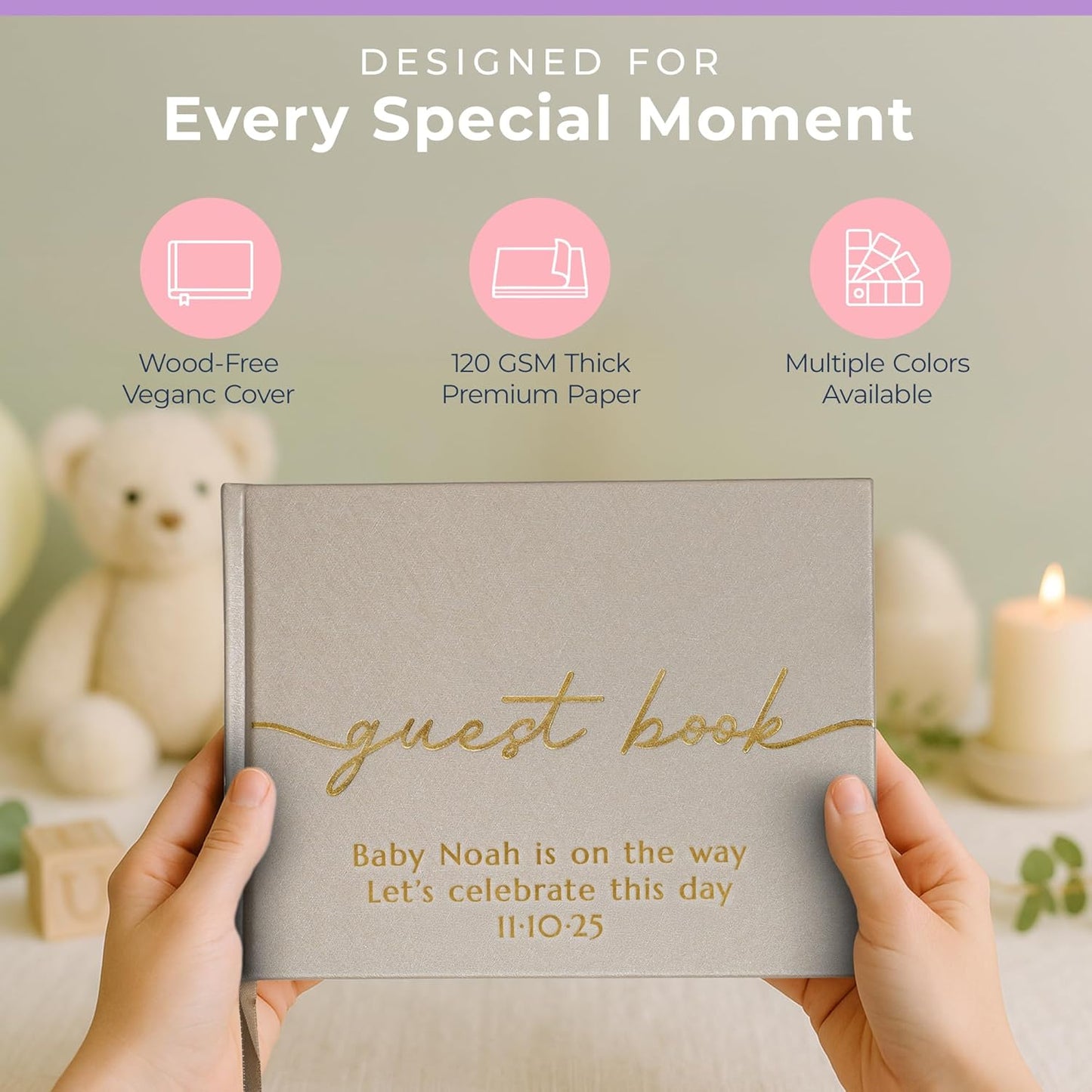 Promot Personalized Guestbook for Party (Champaigne Beige) - 110 Lined Pages in Wood-Free Vegan Leather Hard Cover - Wedding Guest Book Sign in and Photos, Baby Shower, Birthday or Graduation