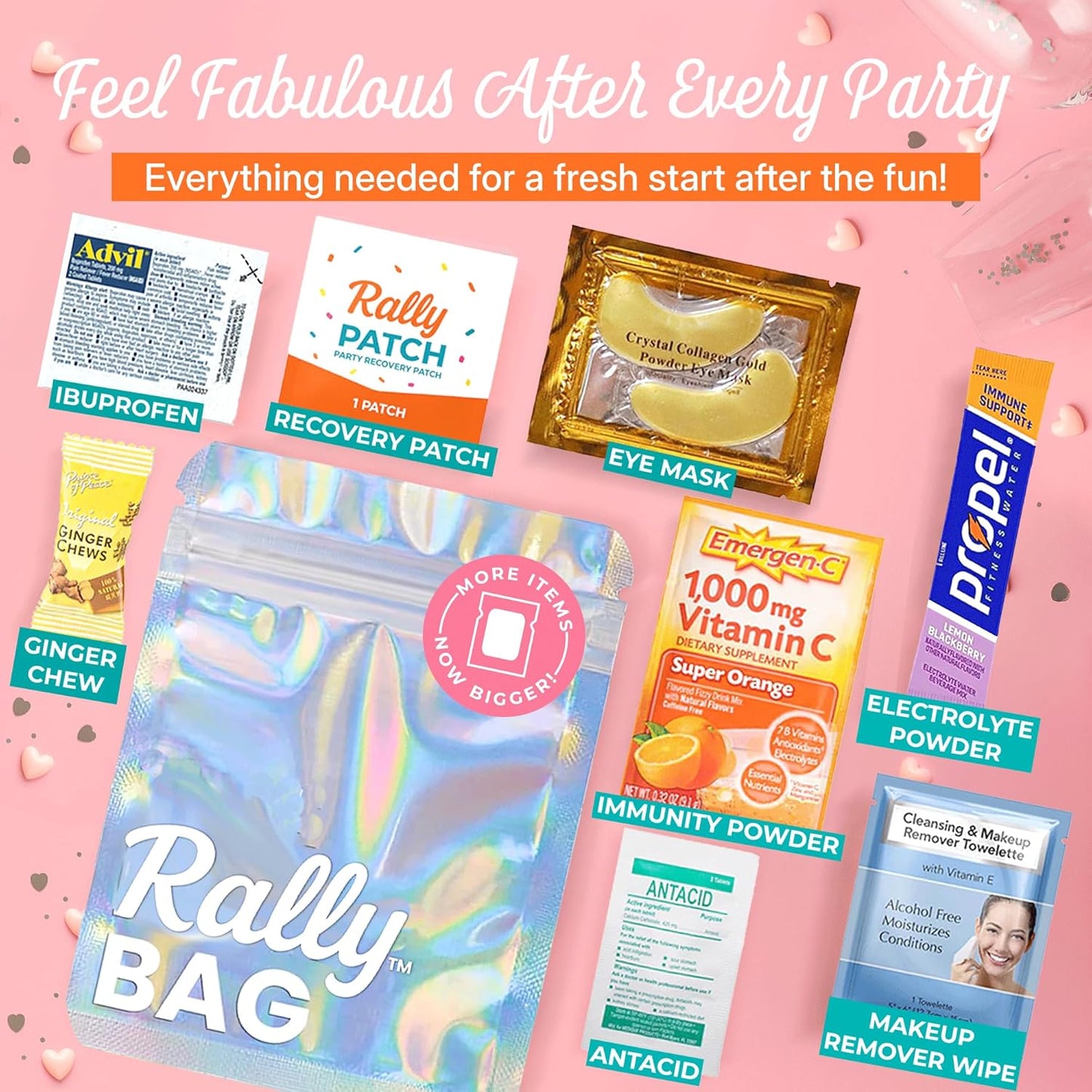 The Rally Bag - 1 Pre-Filled Hangover Kit for Bachelorette Party Favors, 21st Birthday Gift, Wedding Favors, Girls Trips, Cruises & Celebrations | 7 Piece Hangover Supplies & Bag (1 Kit)