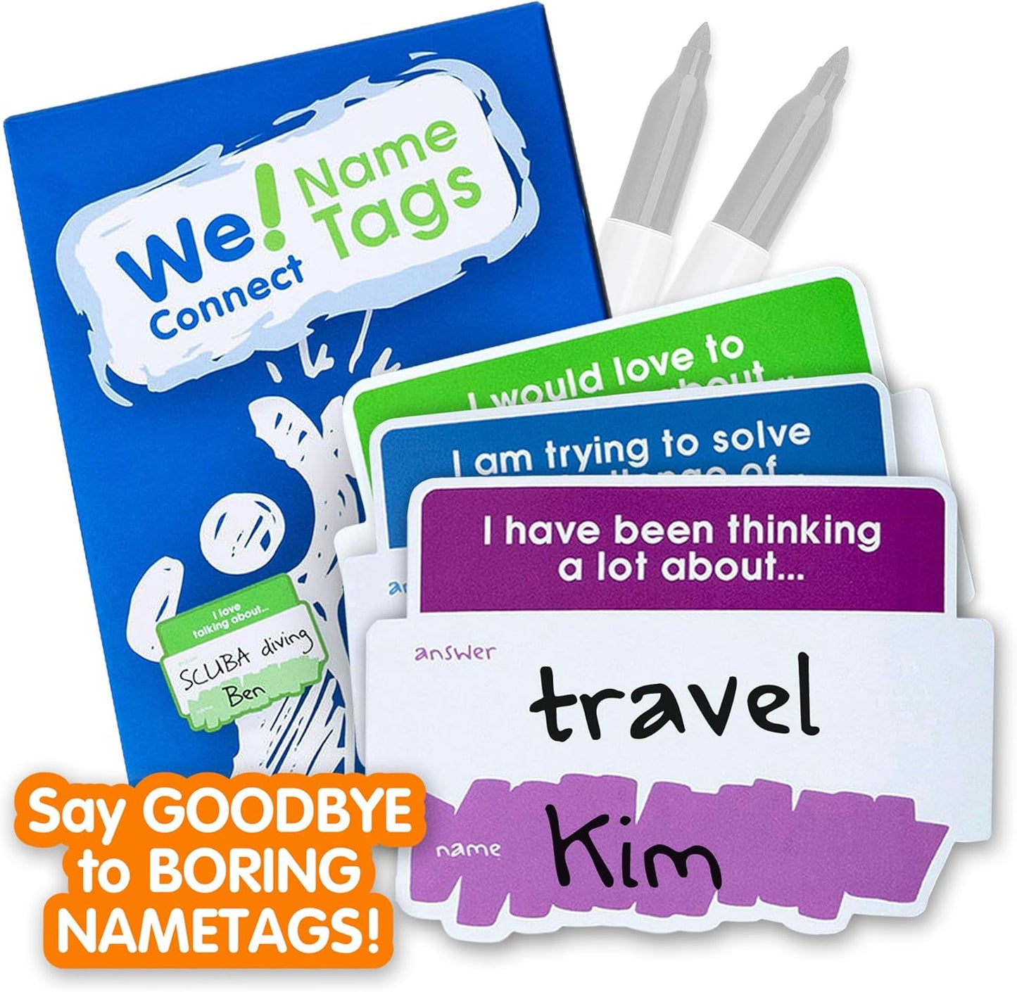 We! Connect Name Tag Stickers (150 PCS) - Easy-to-Write Name Stickers with Conversation Starters - Ideal for Networking, Ice Breakers & Adult Educational Team Building Games - Self-Adhesive Tags